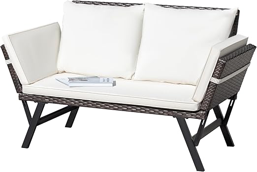 Outdoor Convertible Rattan Sofa Bed with Adjustable Armrests
