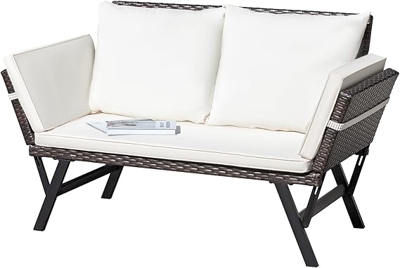 Convertible Outdoor Rattan Sofa Daybed with Adjustable Armrests