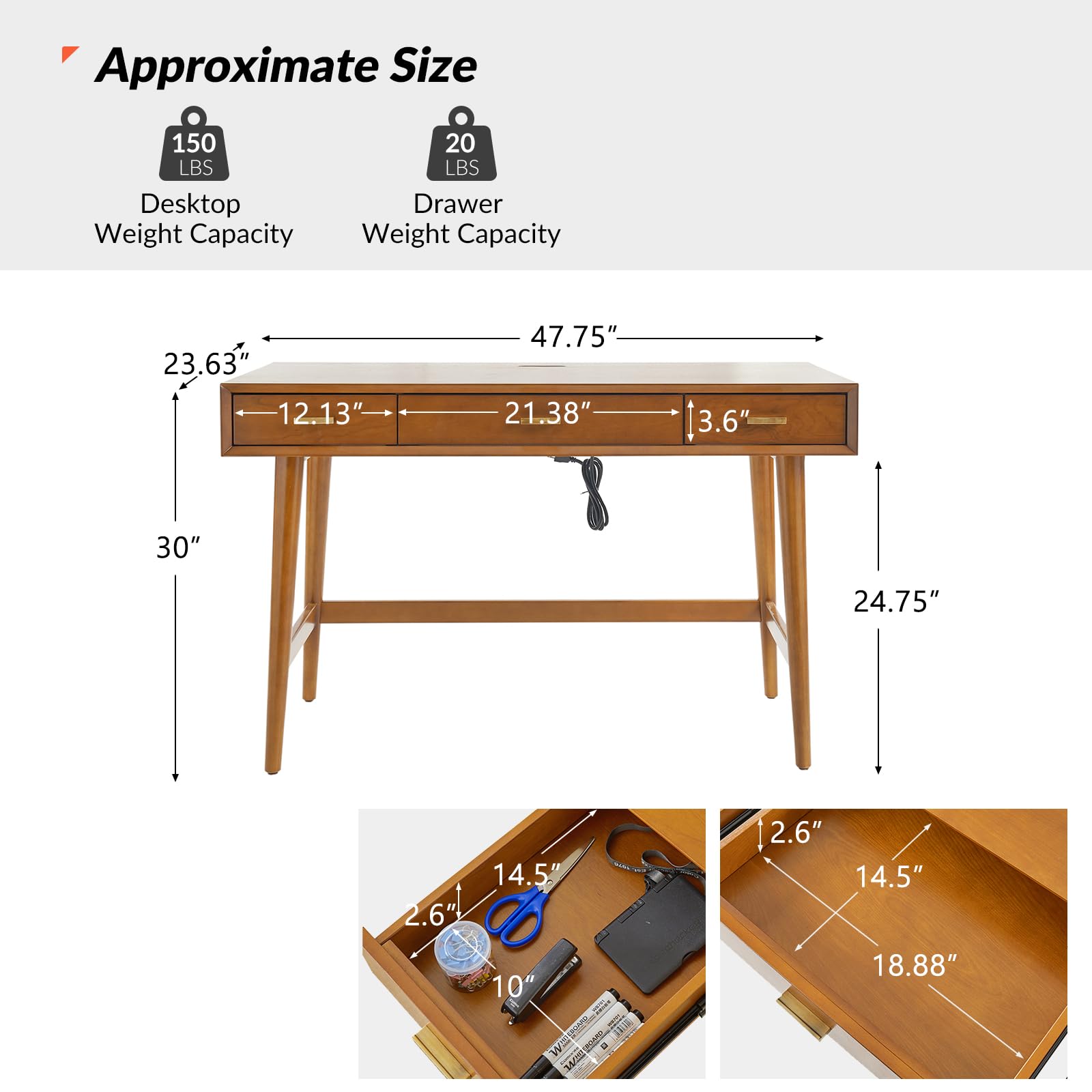 Mid-Century Modern Writing Desk with 3 Drawers and USB Charging