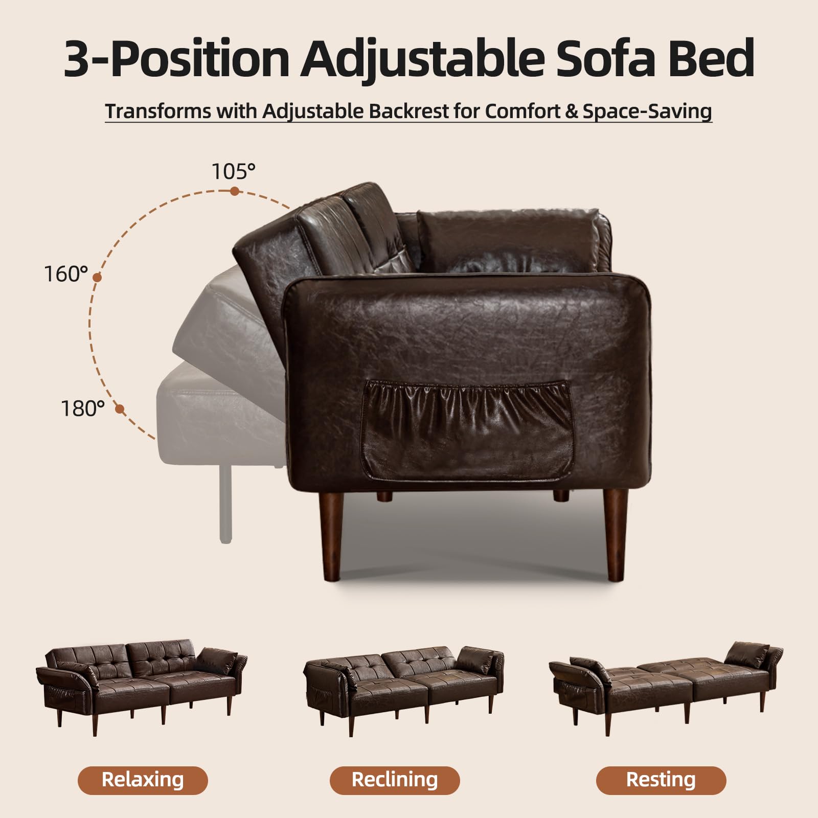 85" Futon Sofa Bed with Storage and Adjustable Armrests