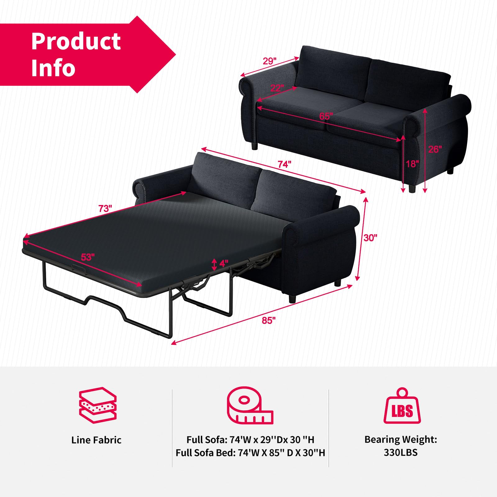 Convertible Sleeper Sofa Bed with Memory Foam Mattress