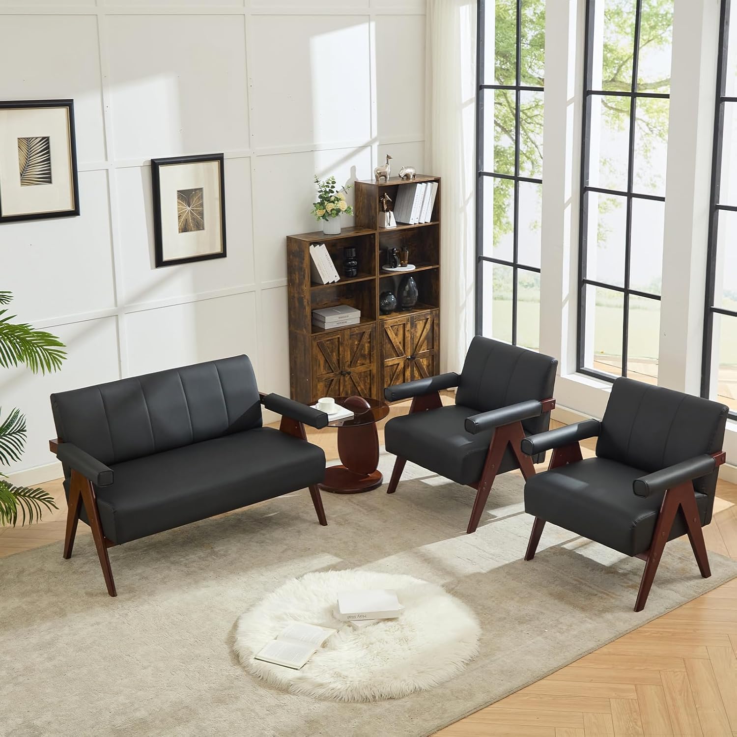 Mid-Century Modern Black Leather Accent Chair