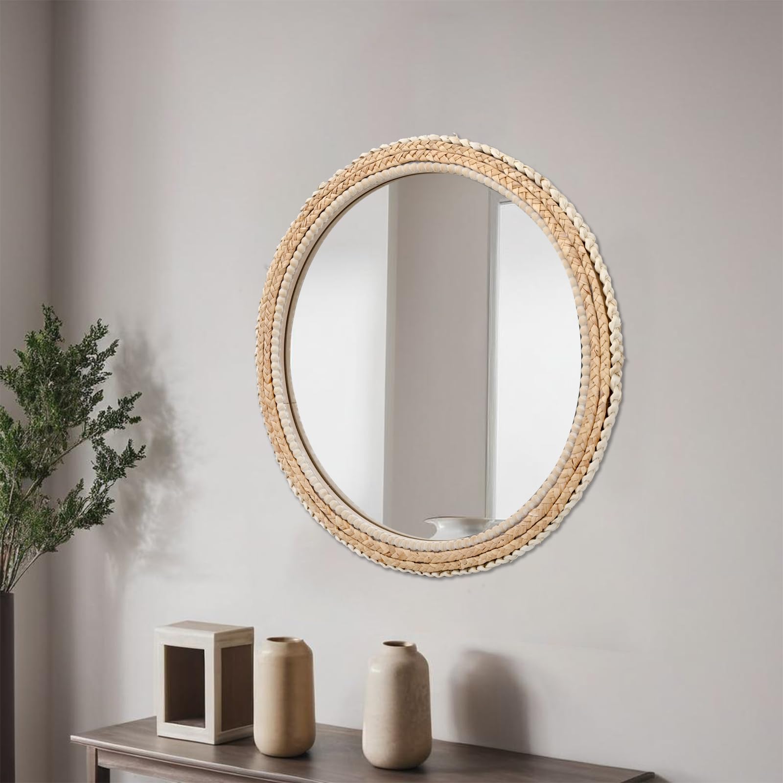 24" Rattan Wood Round Mirror