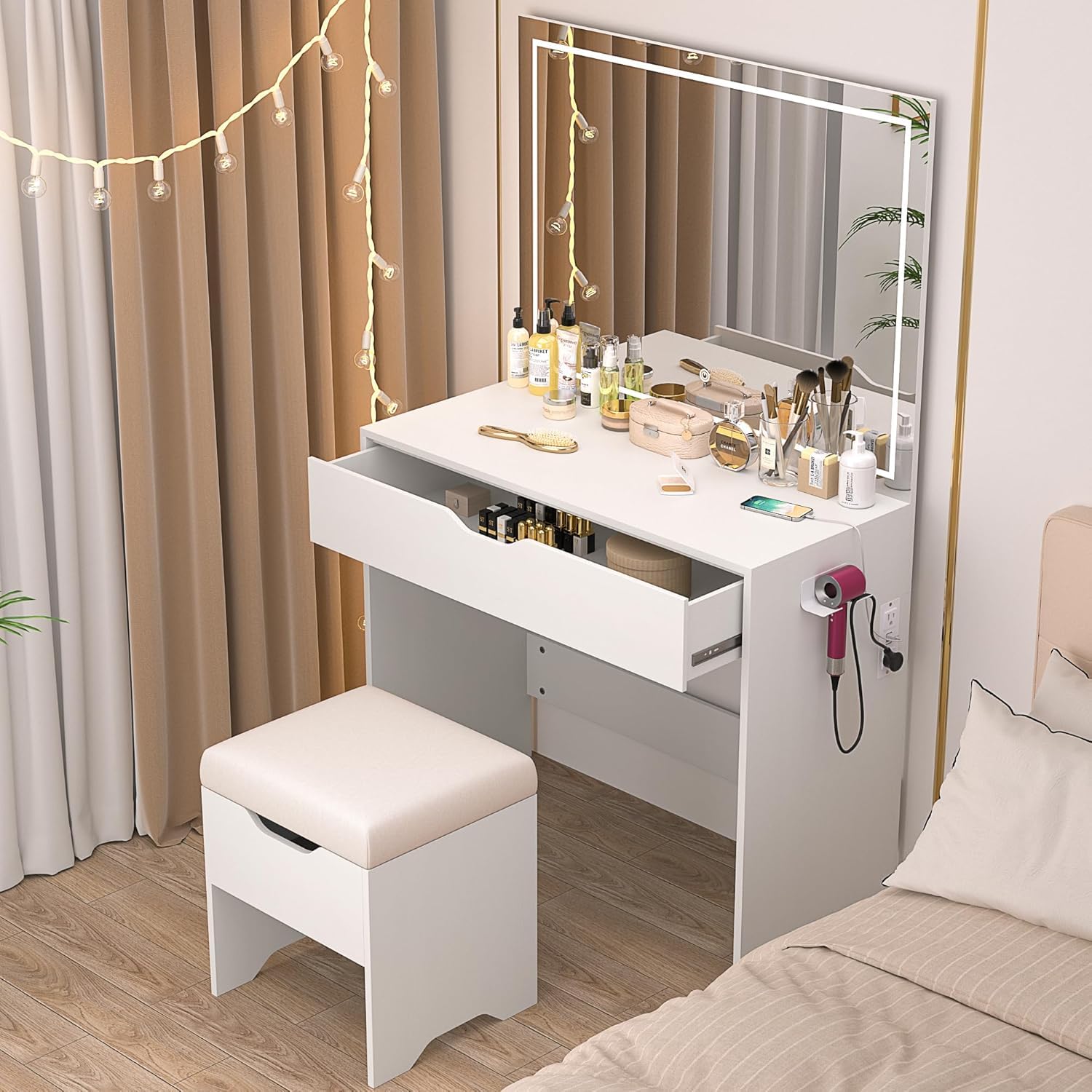 Vanity Desk Set with LED Lighted Mirror and Power Outlet