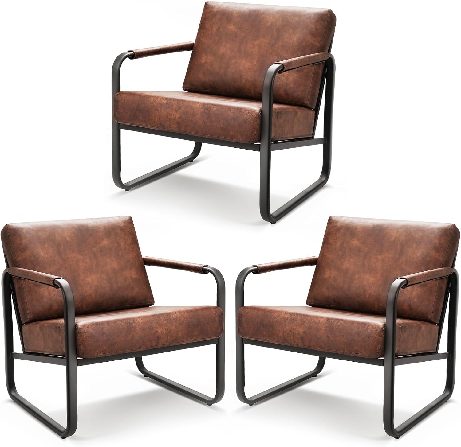 Mid-Century Modern Accent Chair Set of 2 - Faux Leather Armchair with Cushion