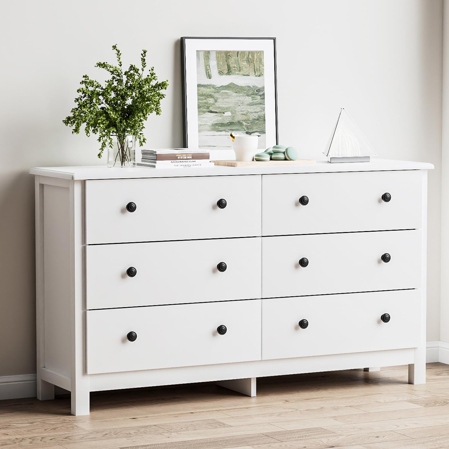 White 6 Drawer Dresser with Black Knobs