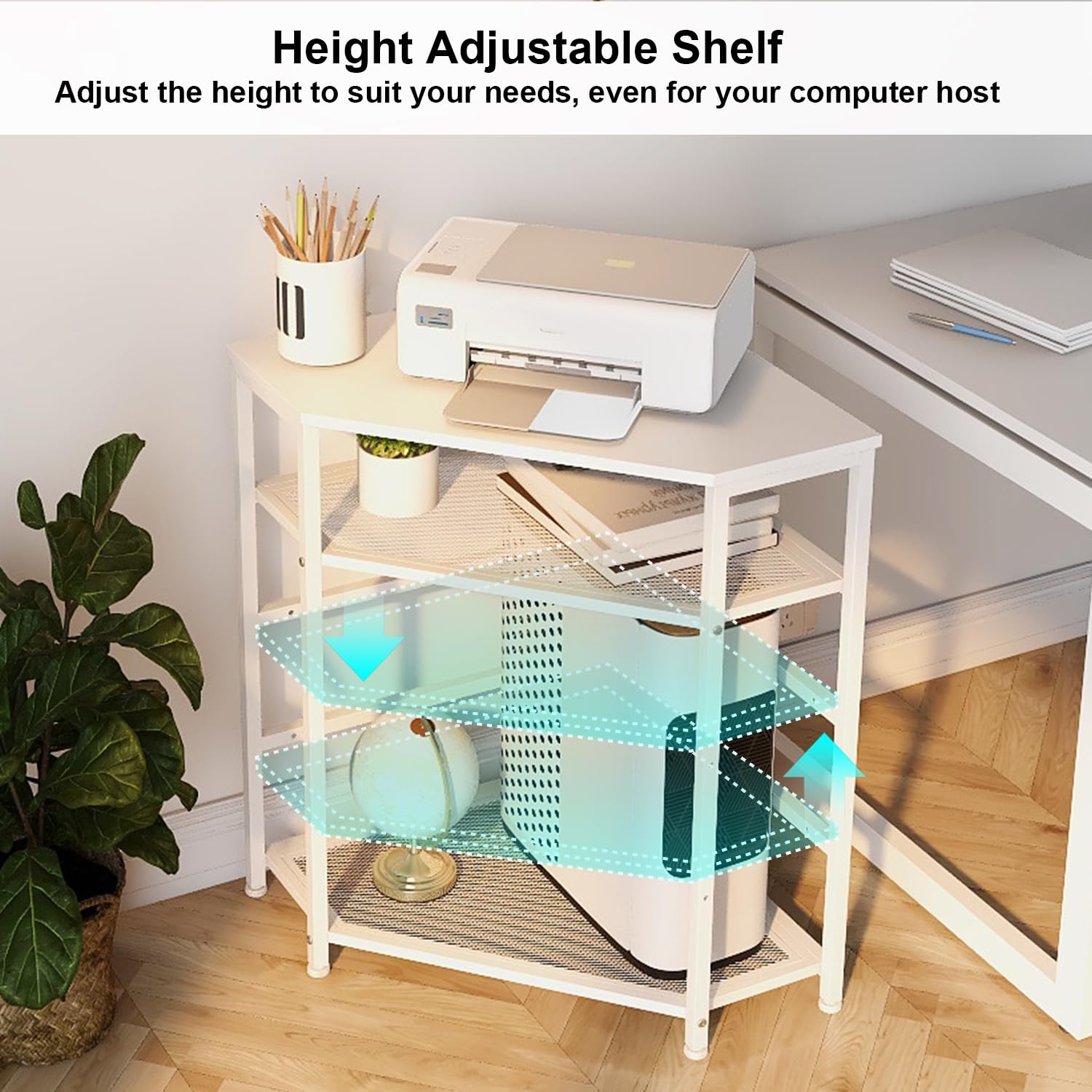 Corner Printer Stand with Power Outlet and Adjustable Storage Shelf