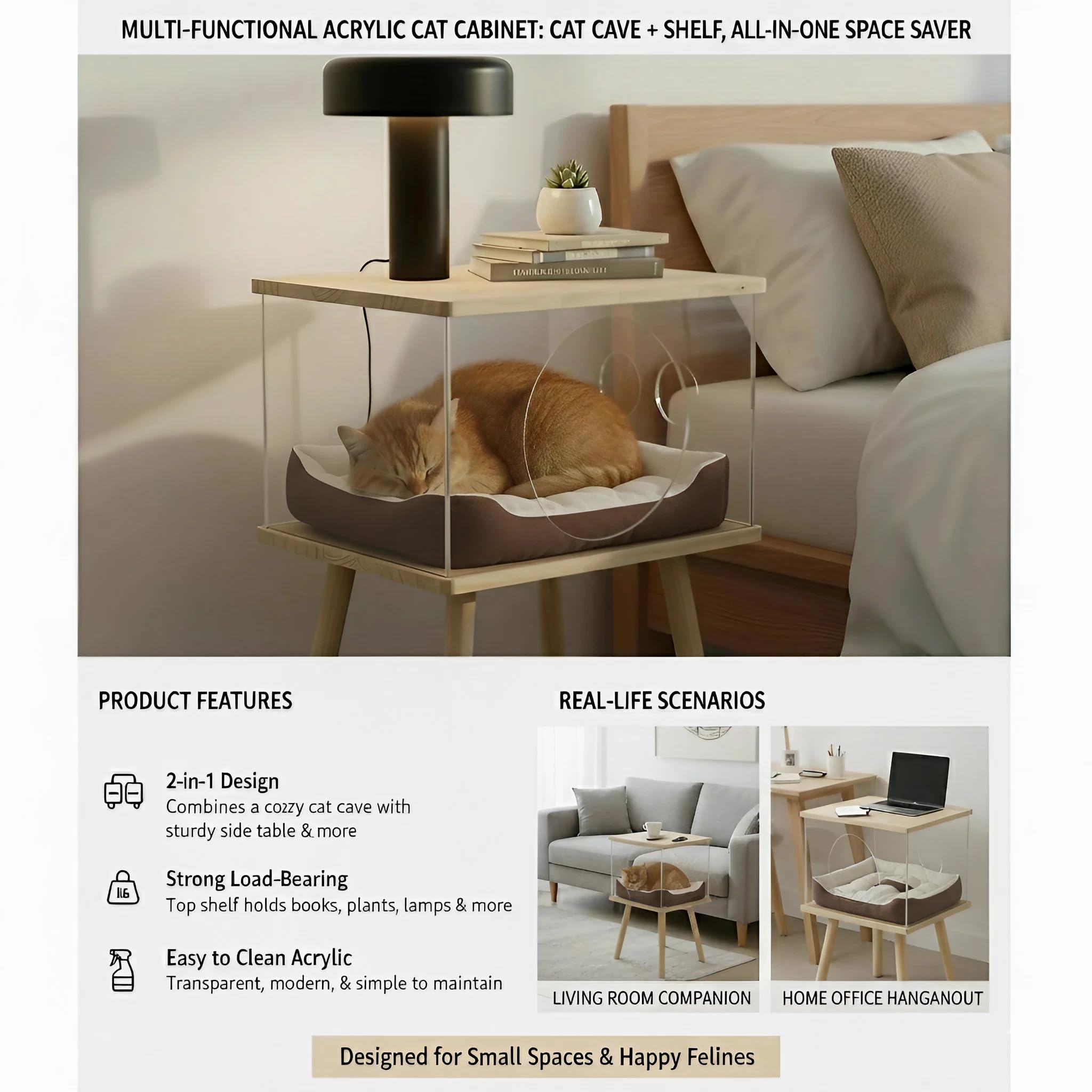 Cat Bedside Table with Acrylic Guardrail