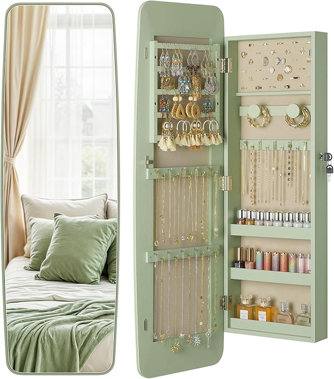 LED Mirror Jewelry Cabinet with Wall Mount and Storage Drawers