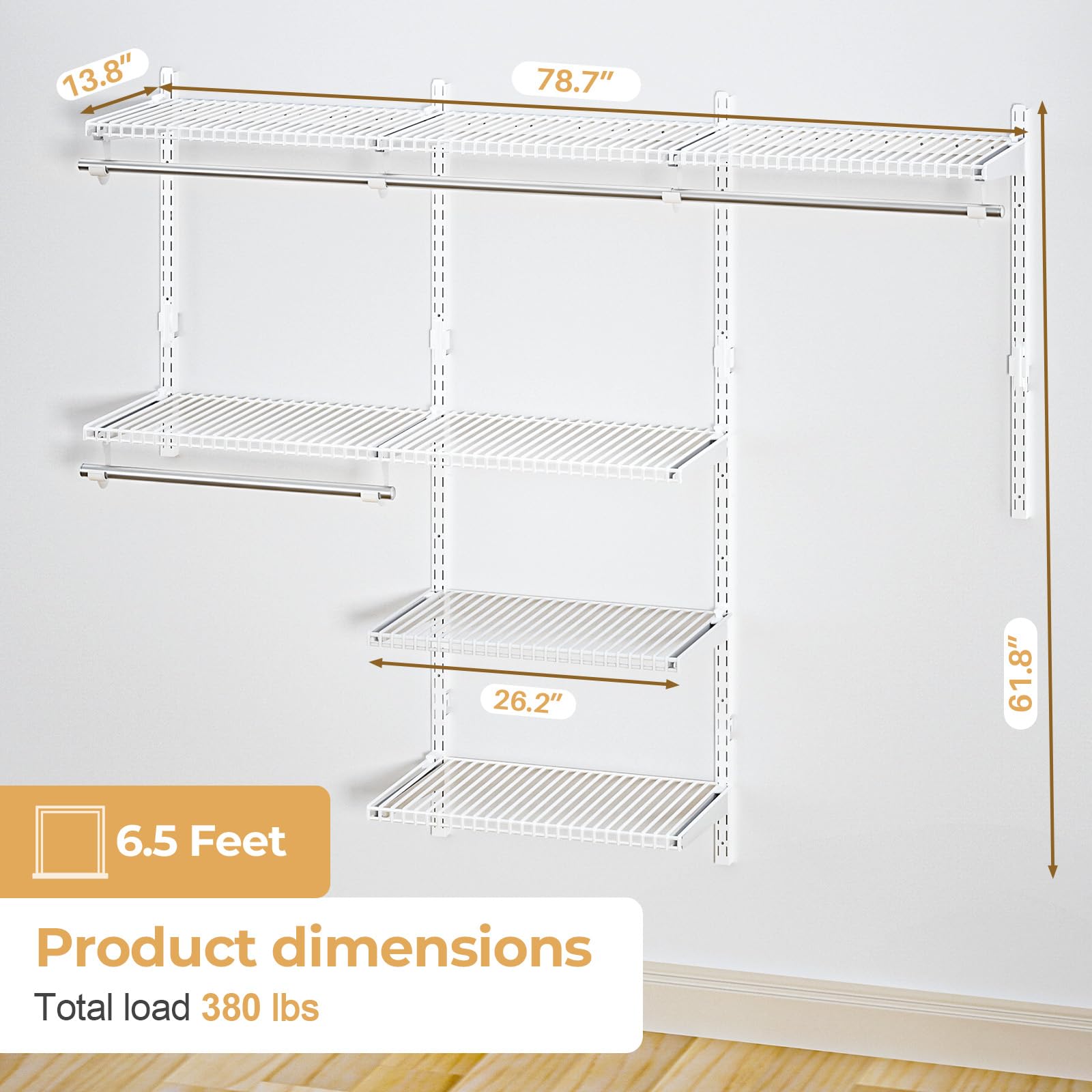 Wire Closet Organizer System Wall Mounted 6.5 Ft