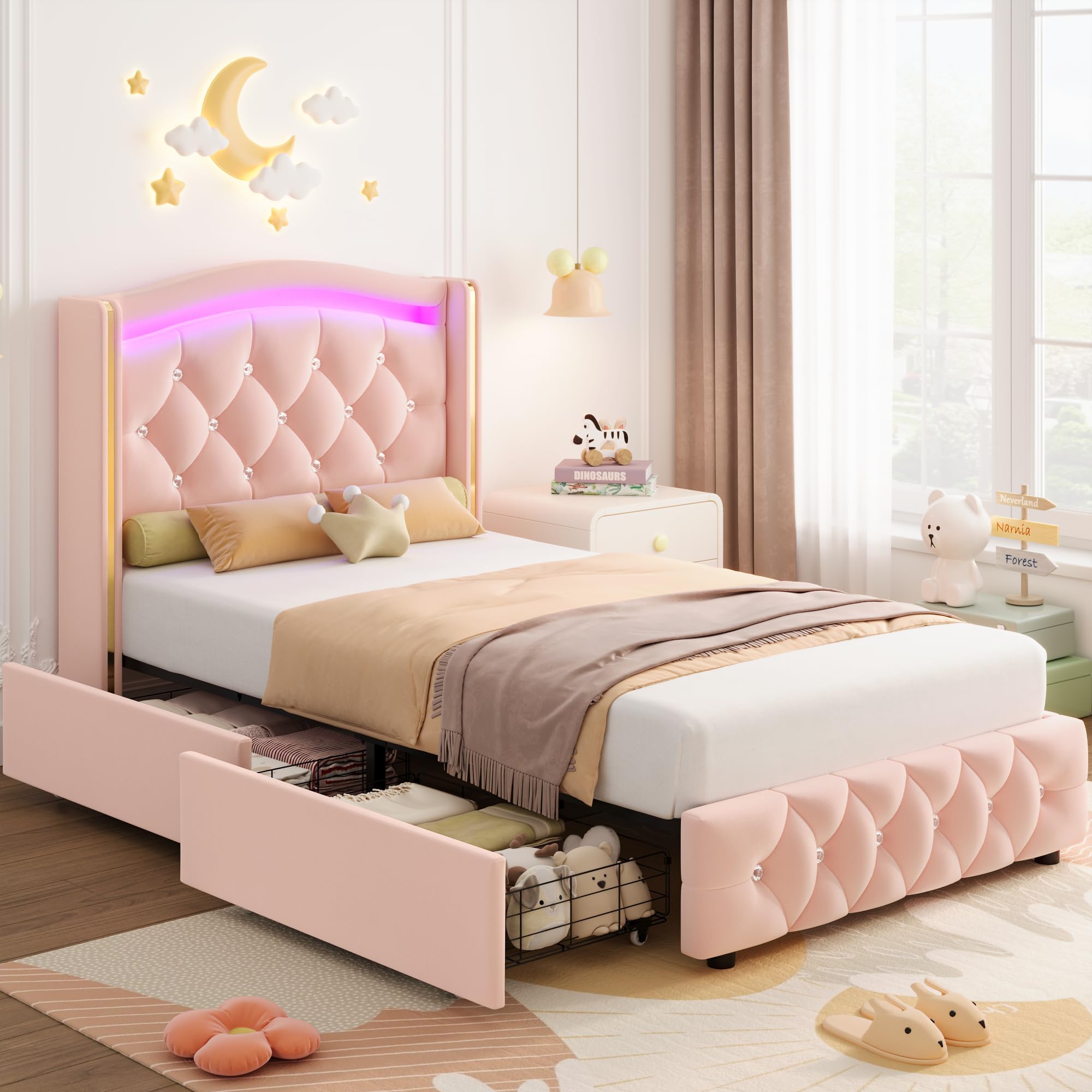 Twin LED Bed Frame with Storage Drawers and Crystal Wingback Headboard