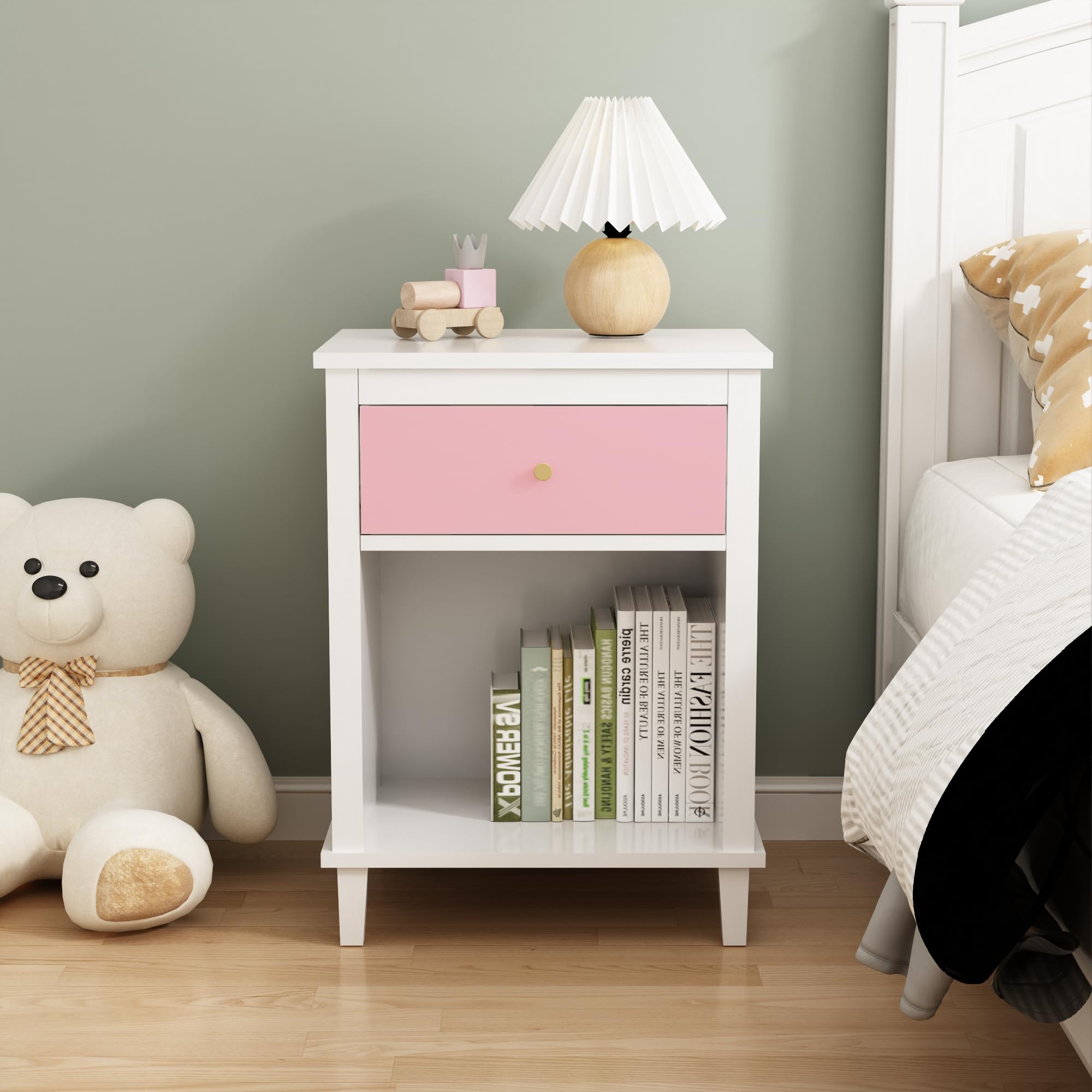 Wooden Nightstand with Drawer and Open Storage Shelf
