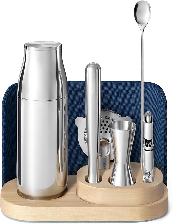 9-Piece Complete Bar Set - Cocktail Shaker, Jigger, Muddler, Wine Key & Organizer
