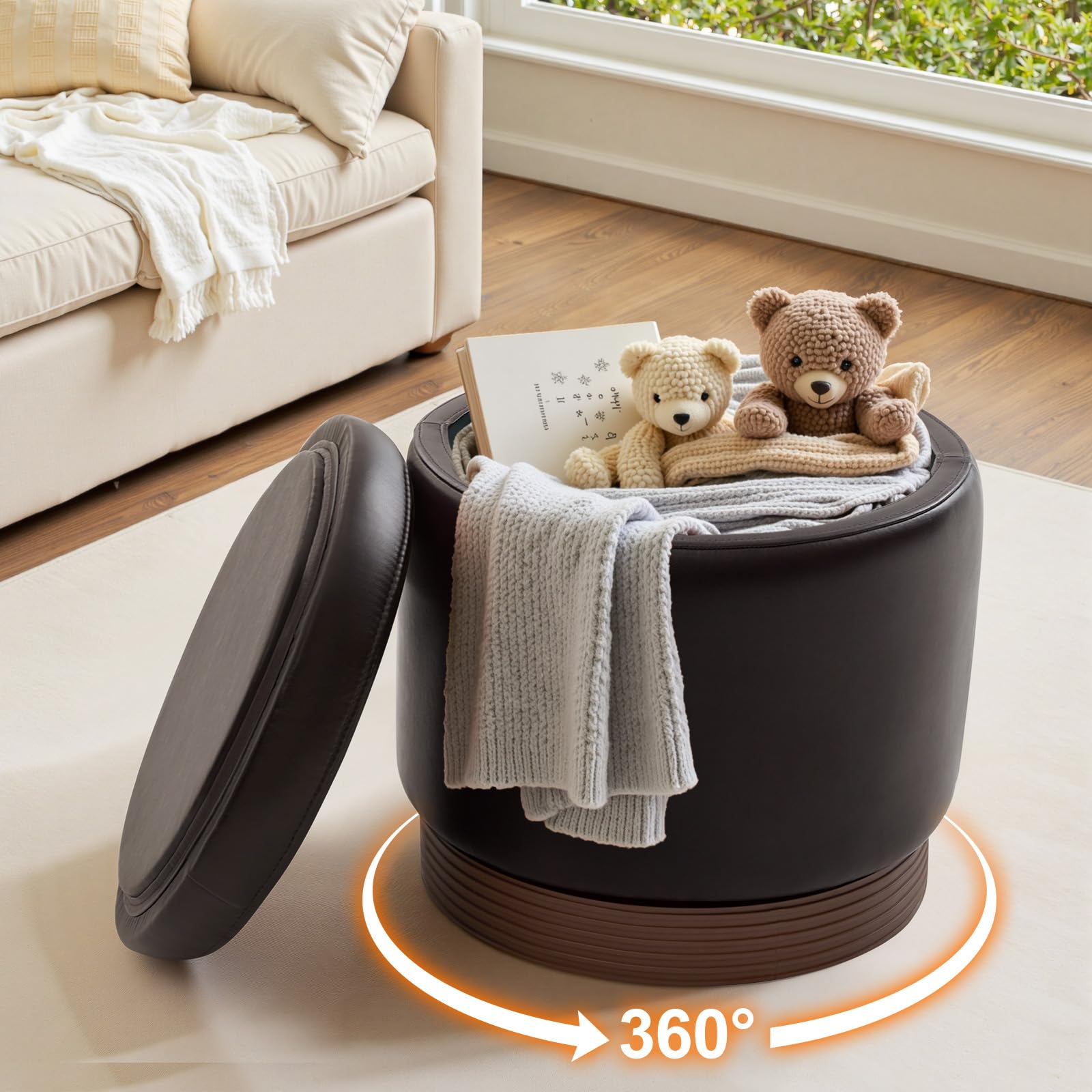 Round Storage Ottoman Dark Brown Swivel Footstool
