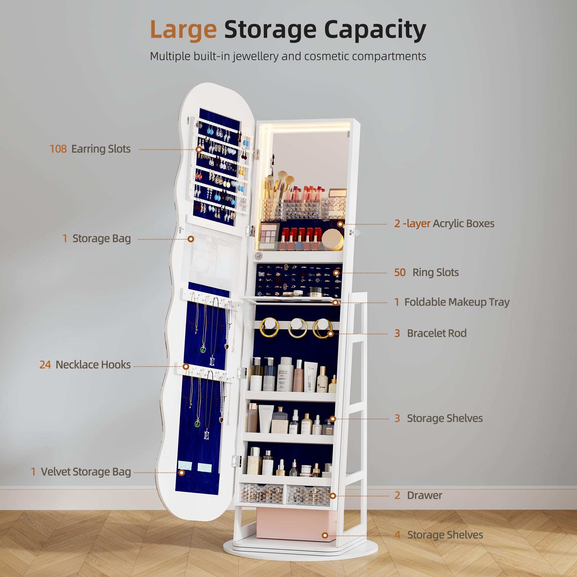 360° Swivel Jewelry Cabinet with LED Lights and Full Length Mirror