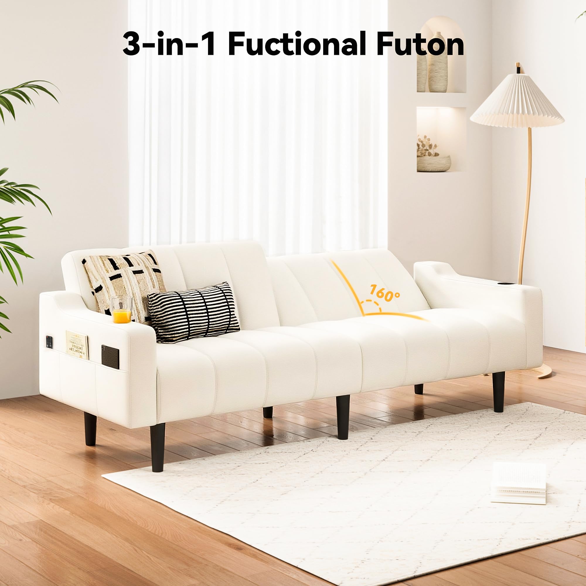 80 Inch Faux Leather Futon Sofa Bed with Adjustable Backrest
