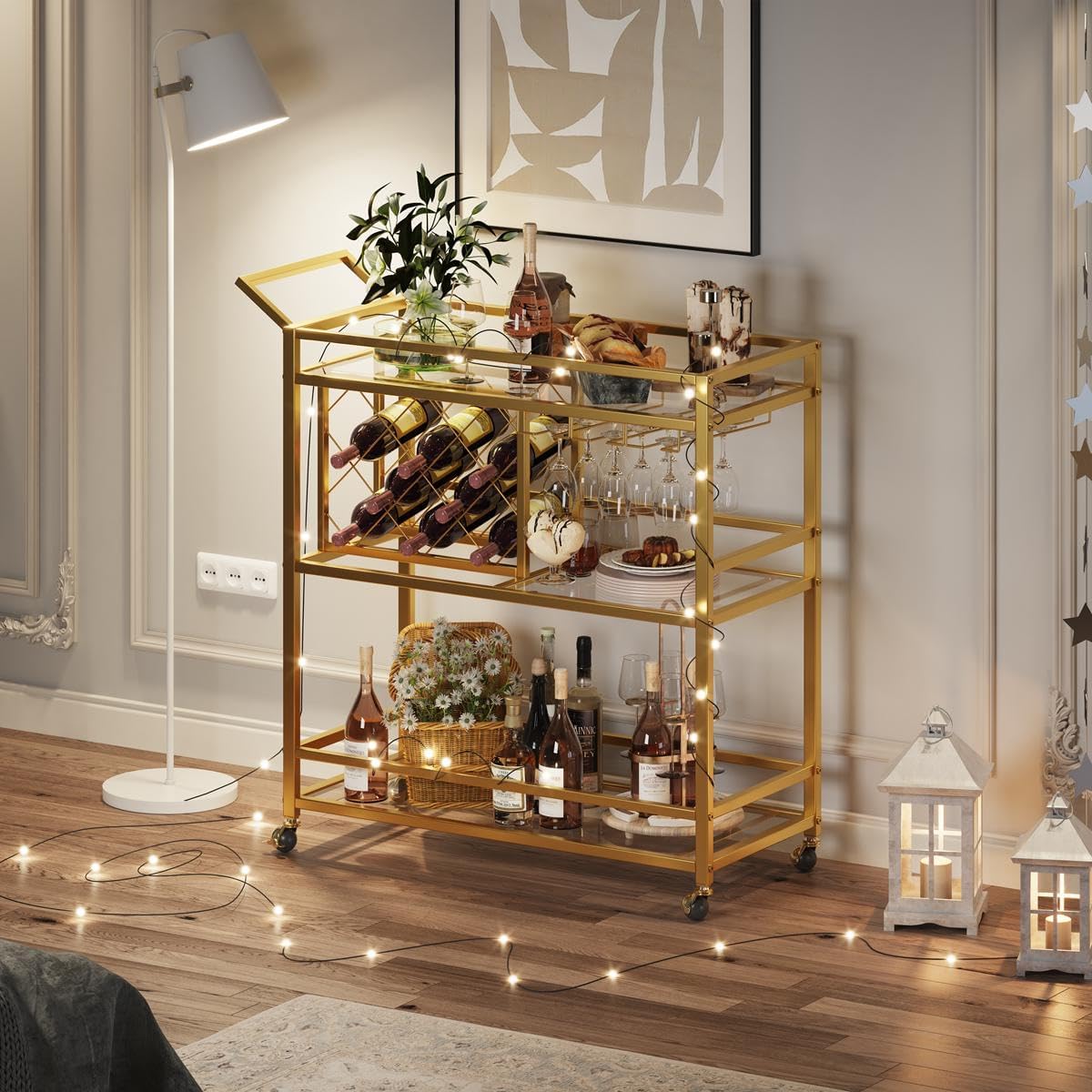 Gold Bar Cart with Wine Rack and Glass Holder