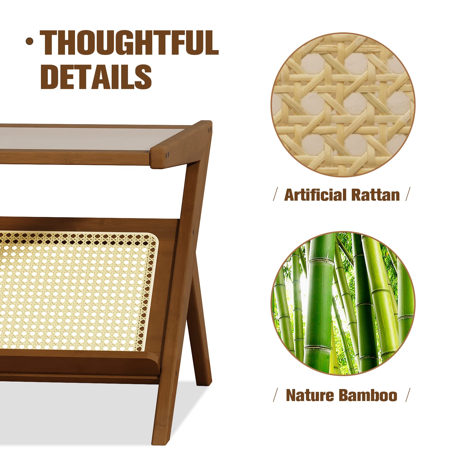 Mid-Century Modern Coffee Table with Glass Top and Rattan Storage