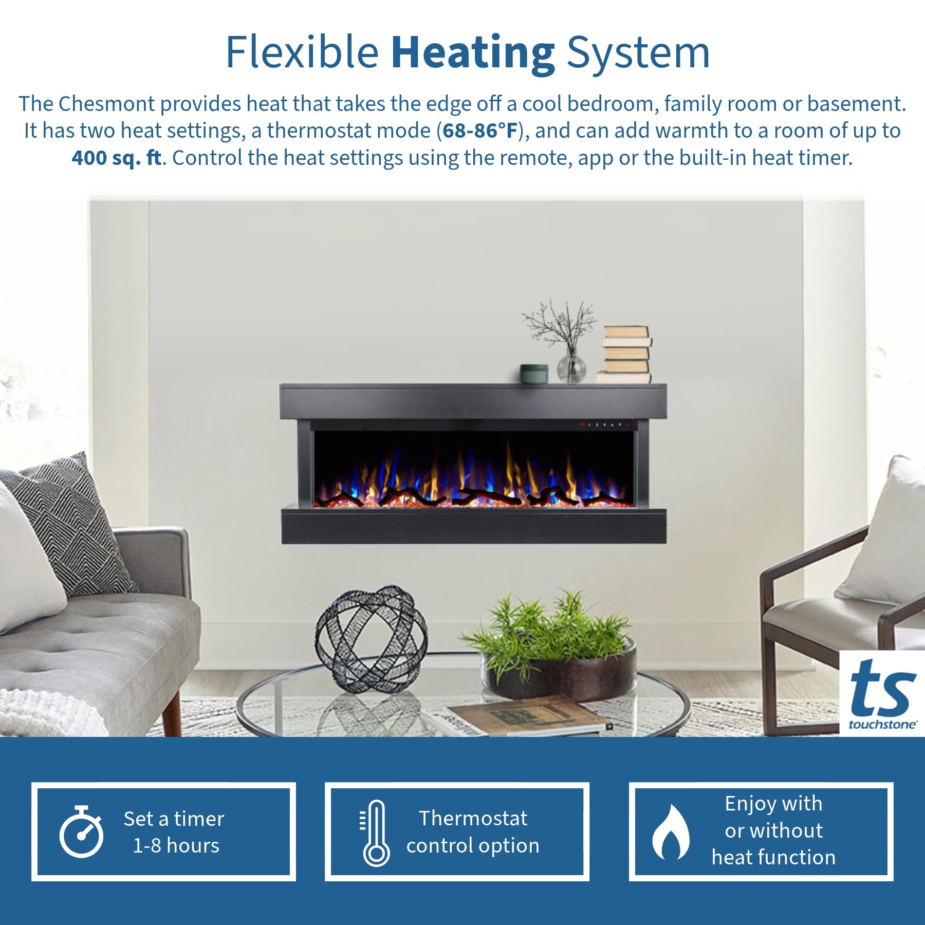 50" Smart Electric Fireplace with Black Floating Mantle