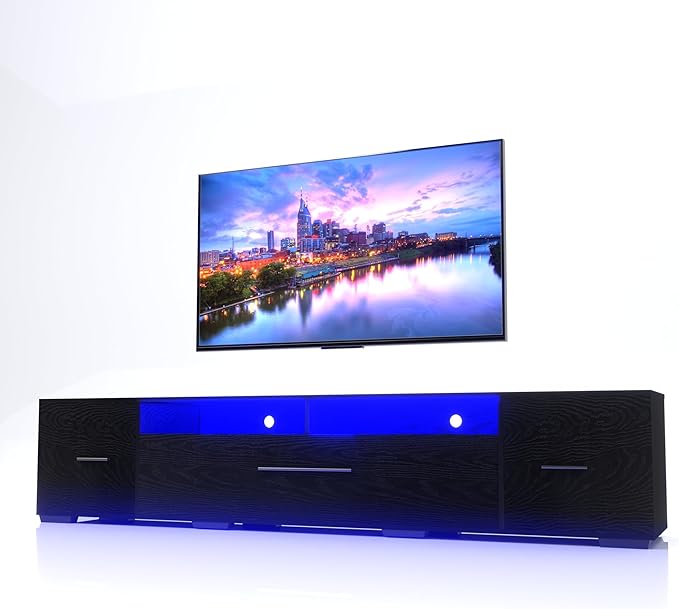LED TV Stand with Asymmetrical Design and Tempered Glass Shelves