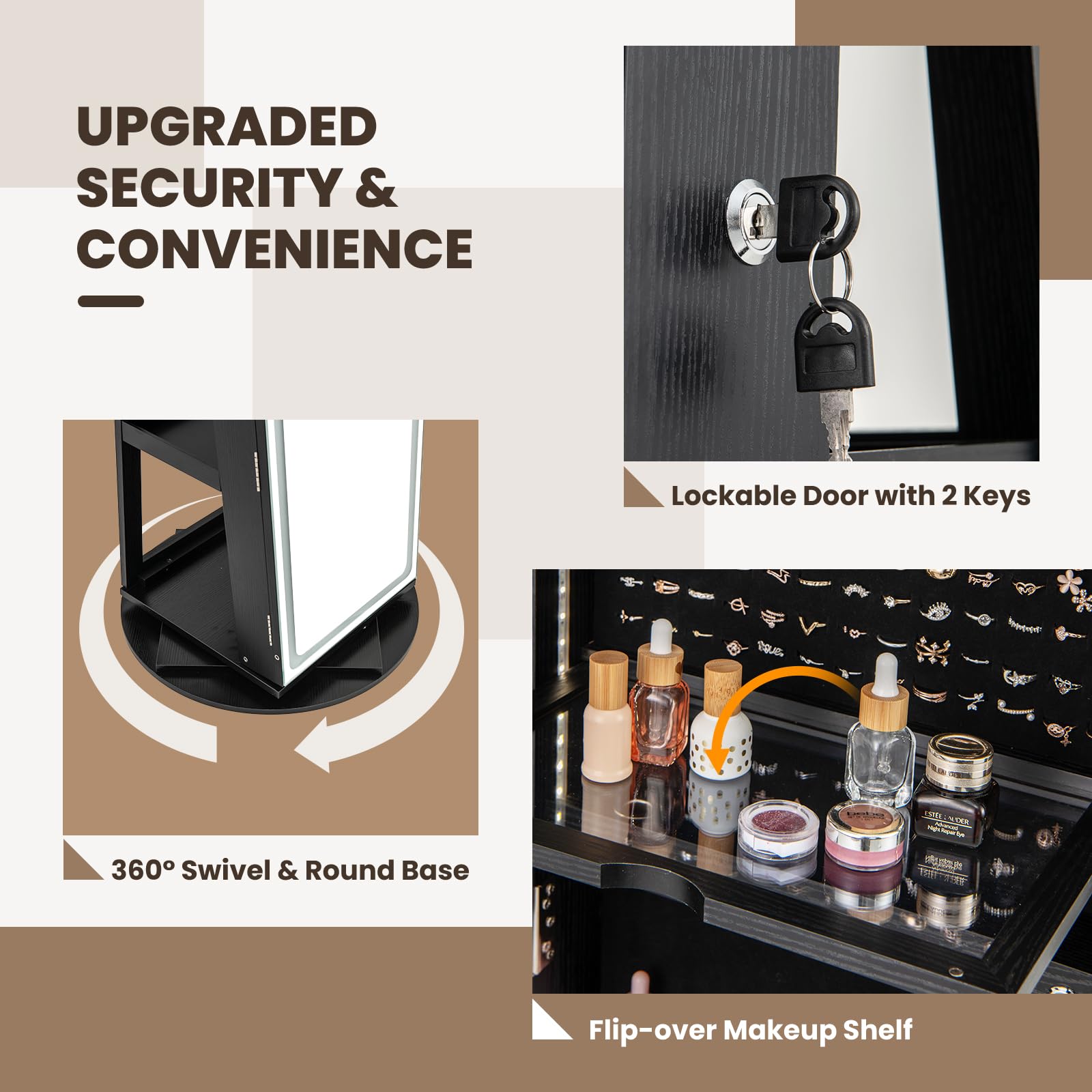 Swivel LED Mirror Jewelry Cabinet Armoire with Full Length Mirror