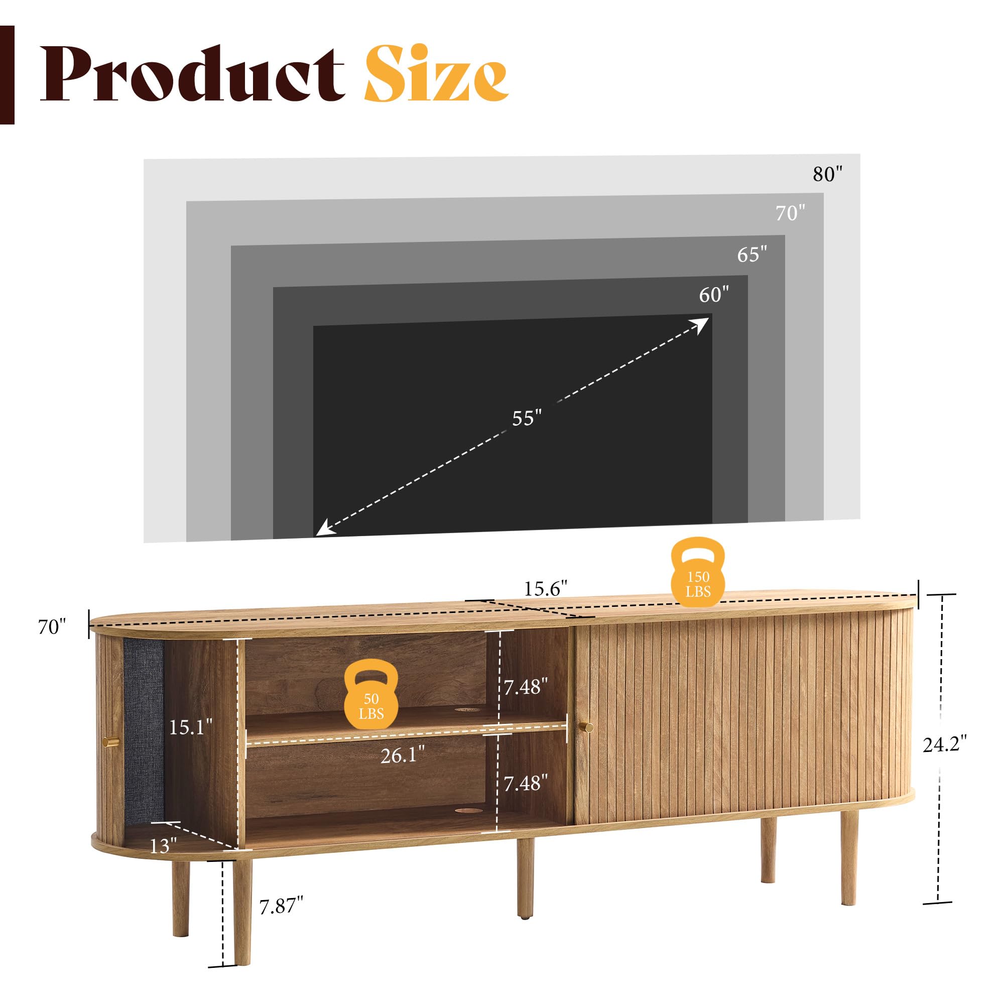 70" Mid-Century Modern TV Stand with Fluted Storage