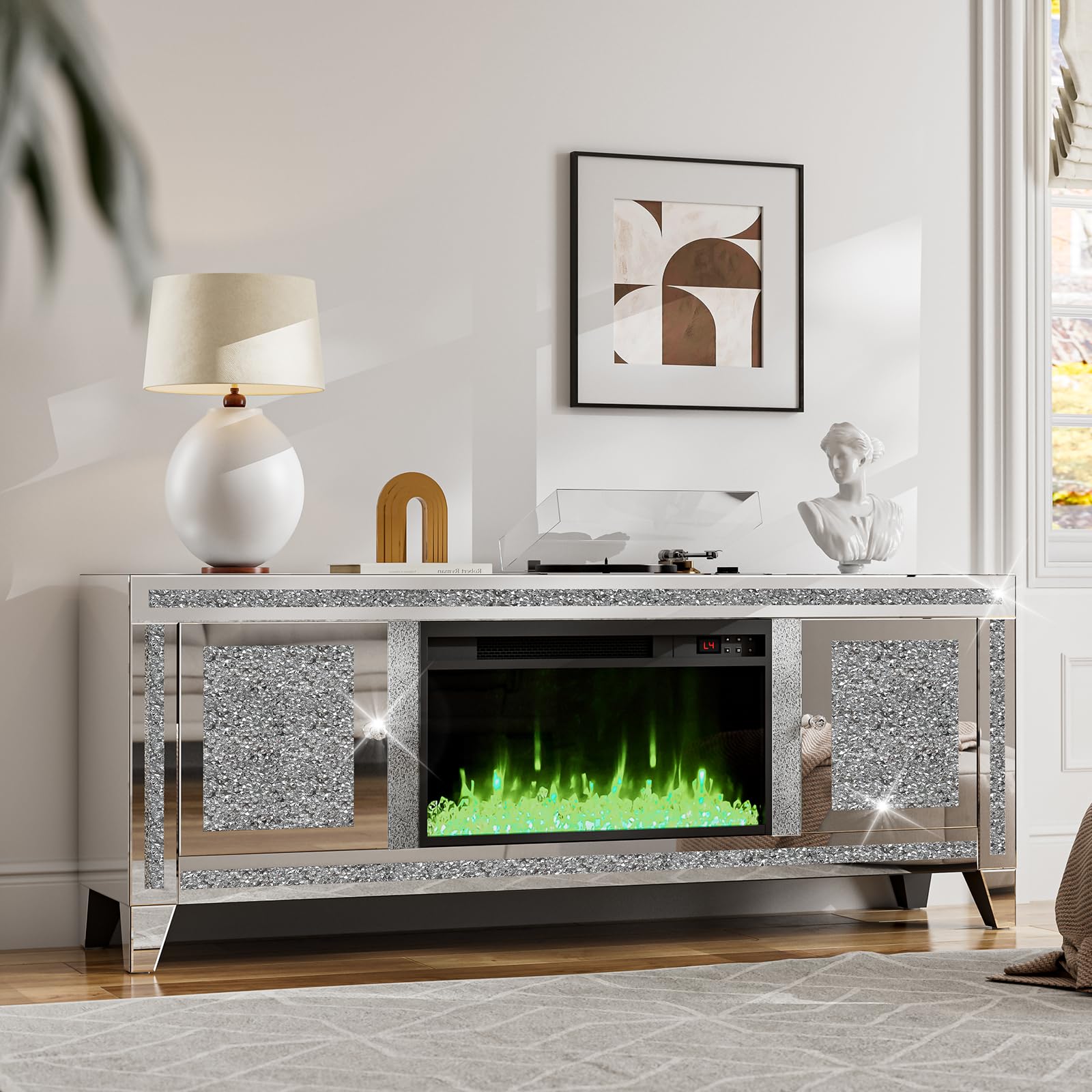 Mirrored Electric Fireplace TV Stand with Storage