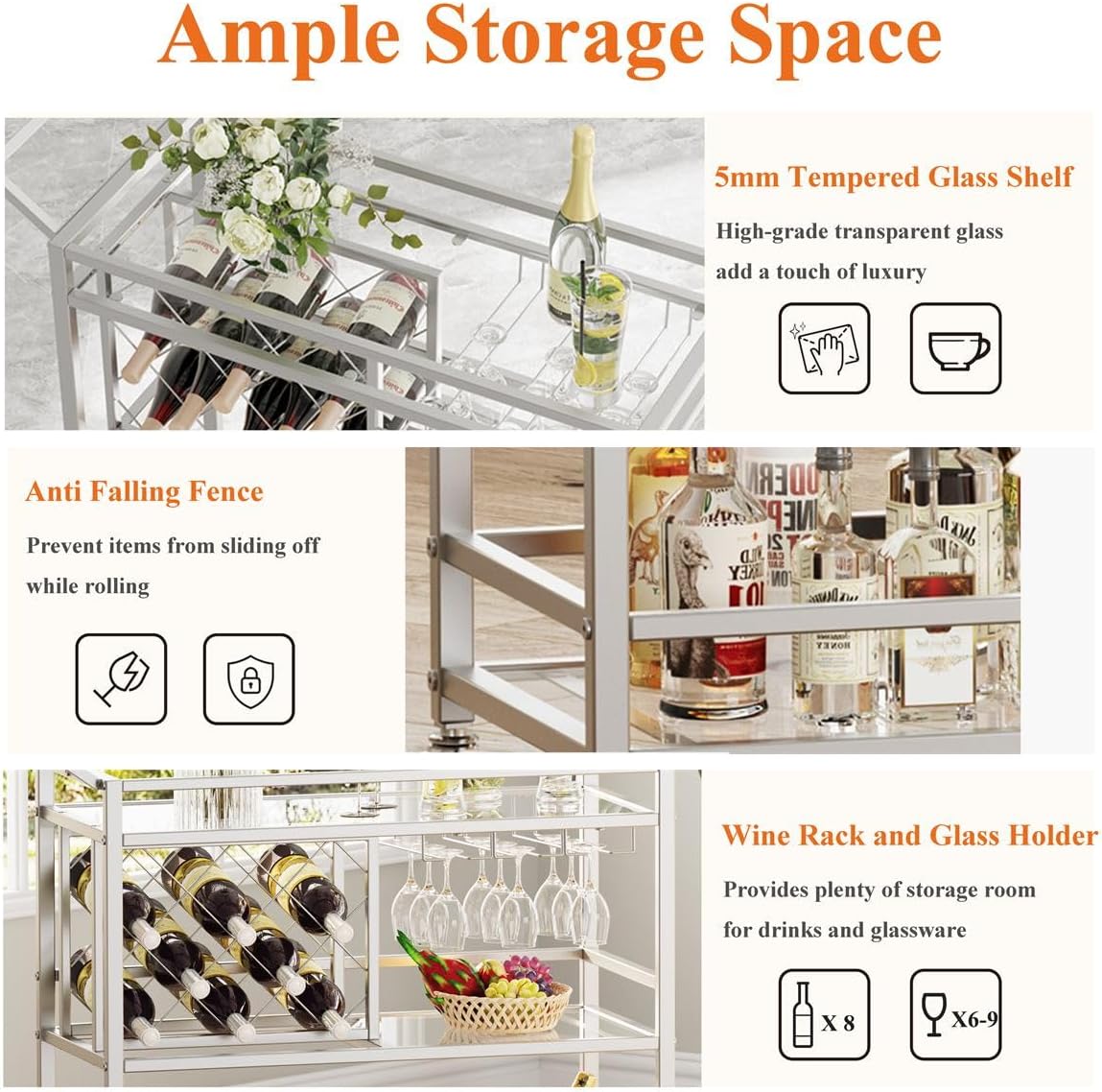 3-Tier Mirrored Bar Cart with Wheels