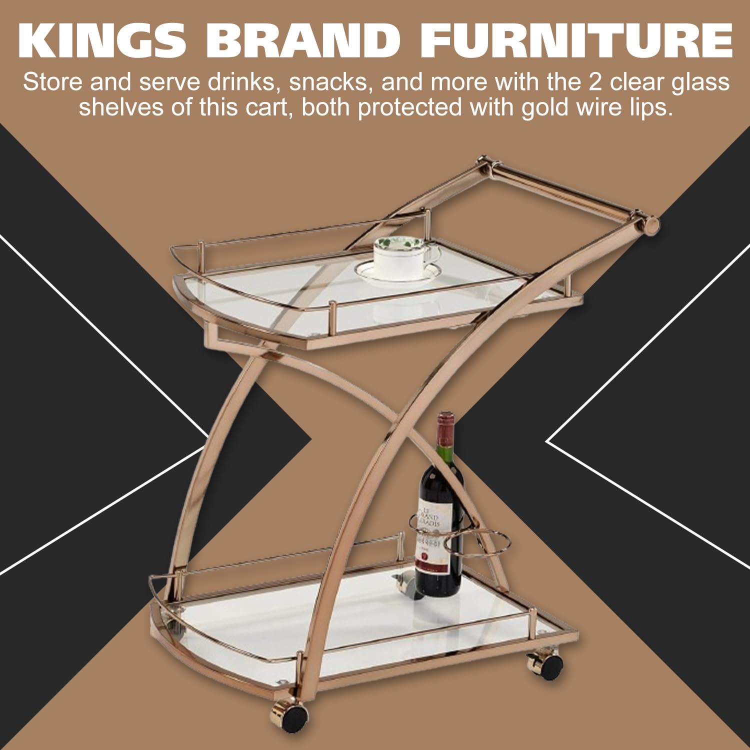 Rolling Bar Serving Cart with Glass Shelves and Wine Rack
