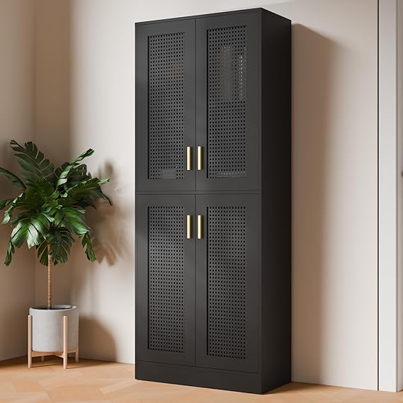 Tall Rattan Storage Cabinet with Adjustable Shelves