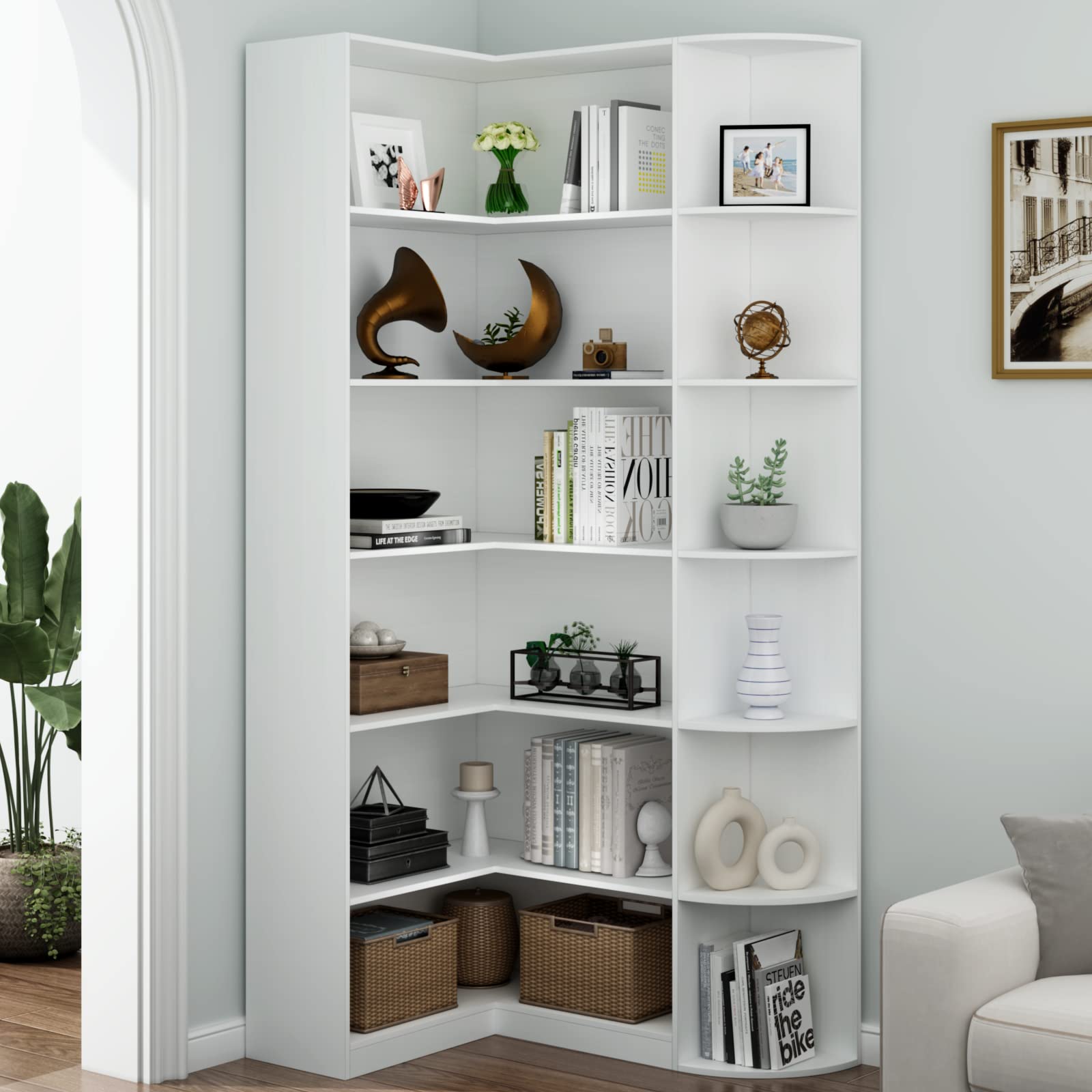 6-Tier L-Shaped Corner Bookcase with Full Baffle