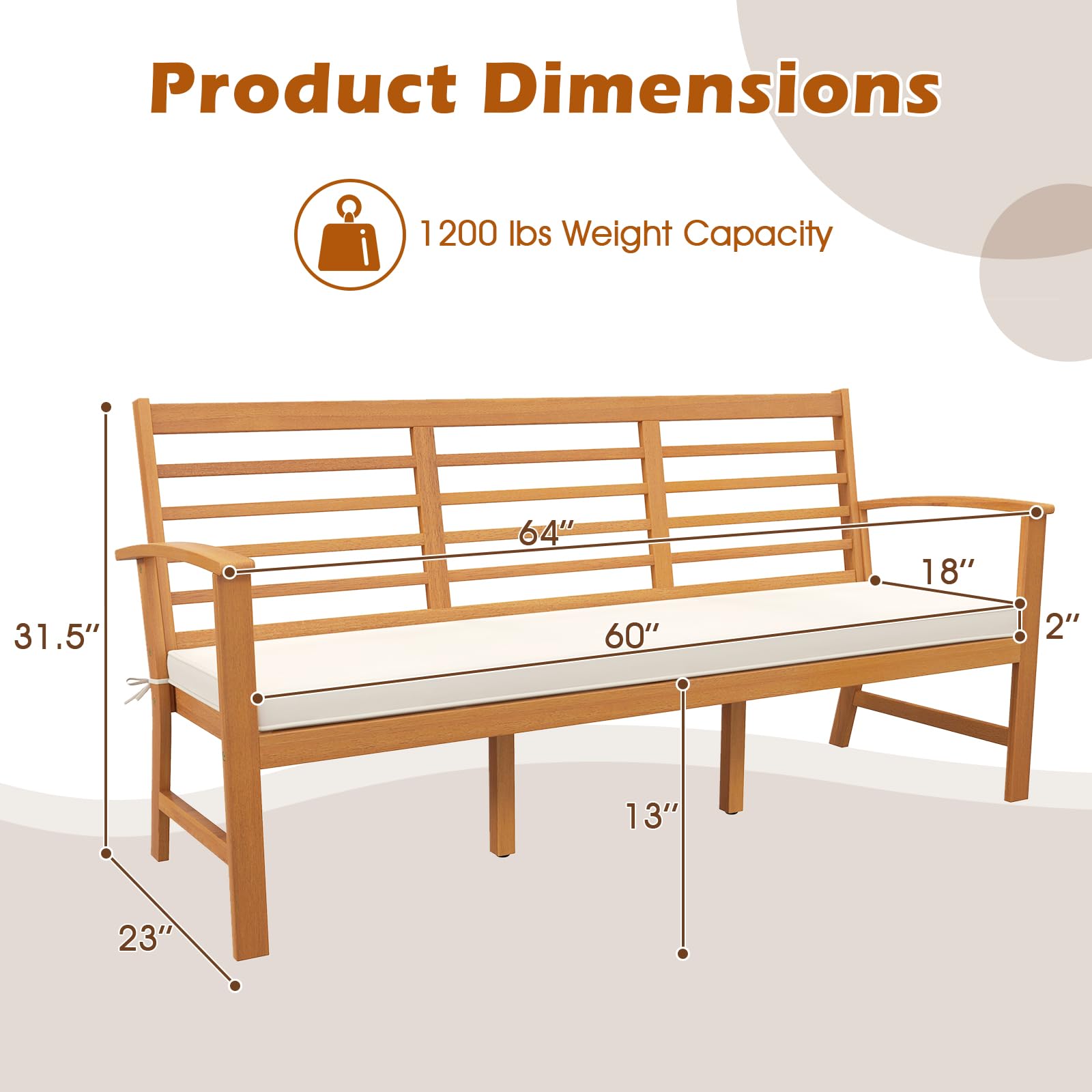 3-Seat Acacia Wood Outdoor Bench with Cushion