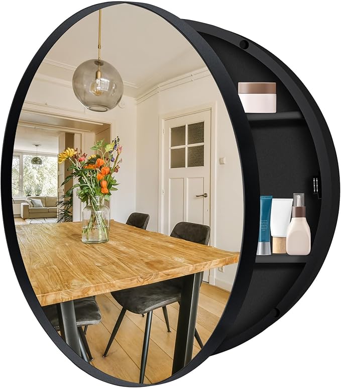 24 Inch Round Medicine Cabinet with Mirror - Black Metal Frame