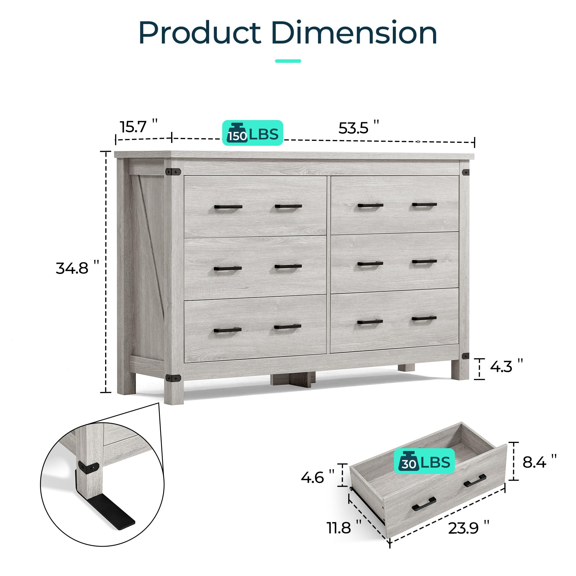 6 Drawer Farmhouse Dresser with Metal Handles
