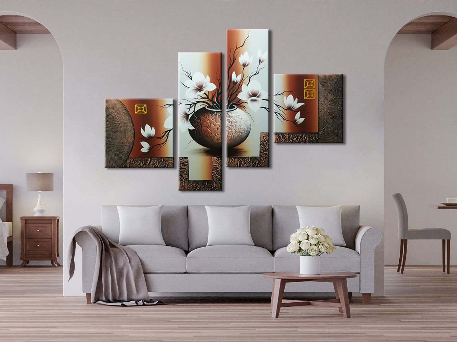 Hand-Painted Floral Oil Paintings 4-Panel Set