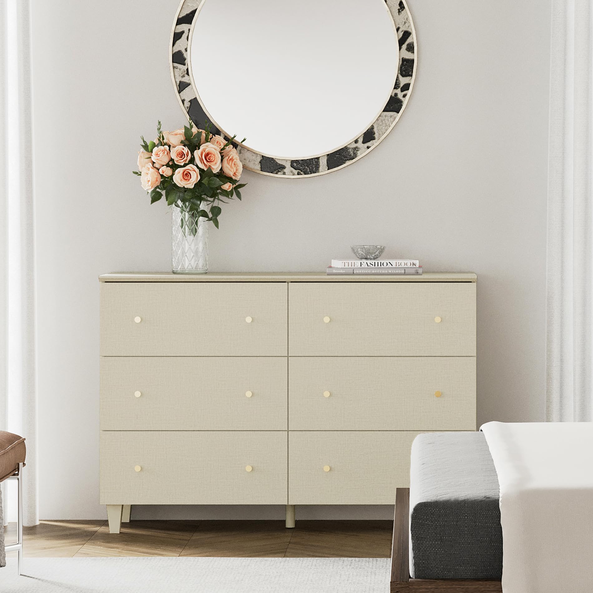 6-Drawer Dresser with Solid Wood Legs - Beige