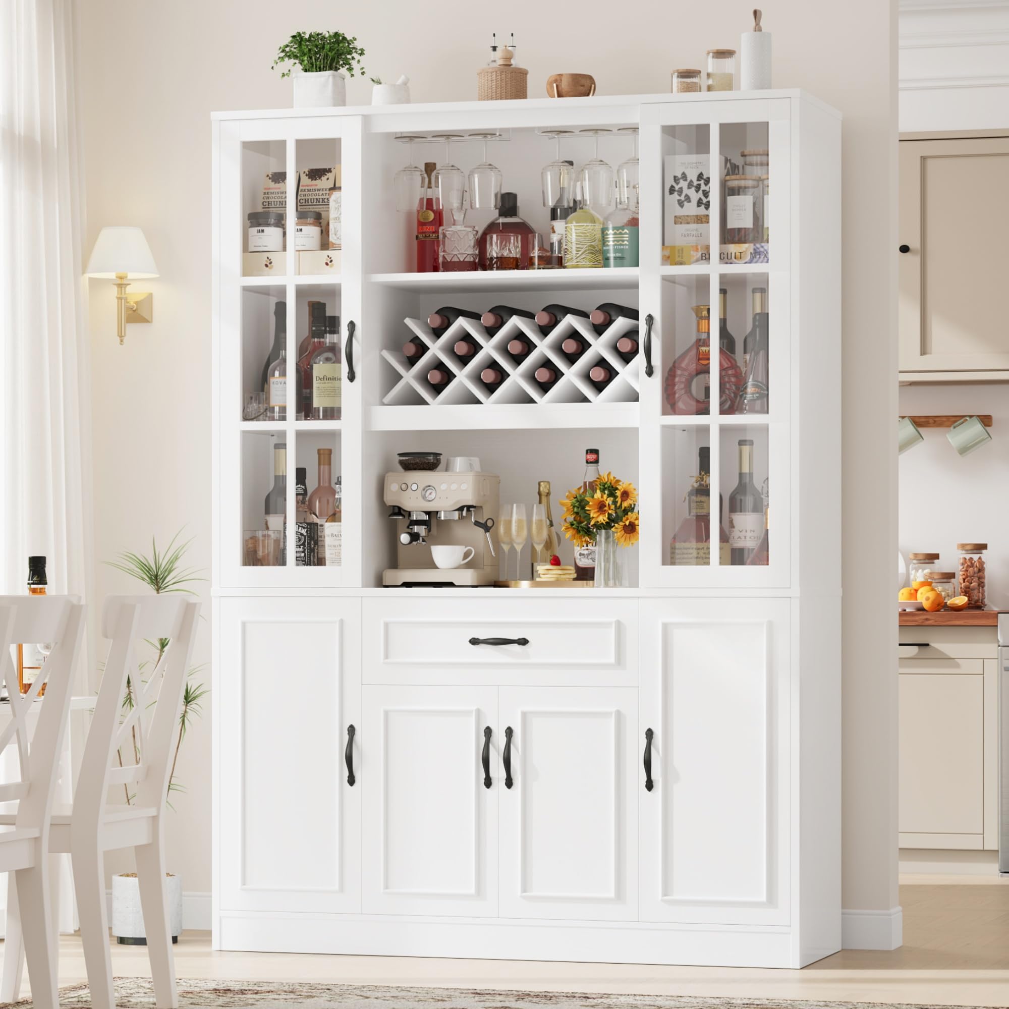 74" Kitchen Pantry Cabinet with Glass Door and Wine Rack
