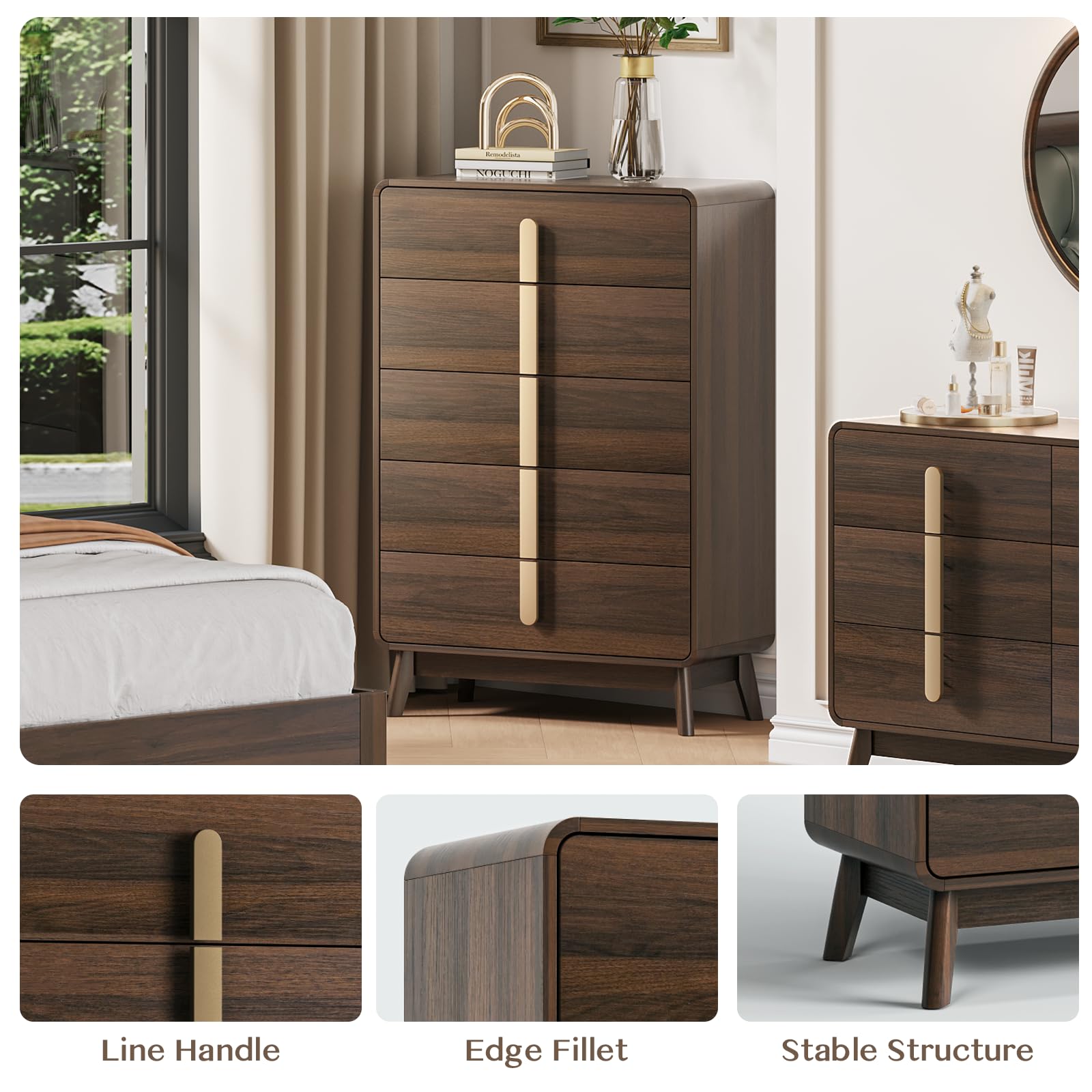 5-Drawer Mid-Century Modern Dresser with Metal Handles
