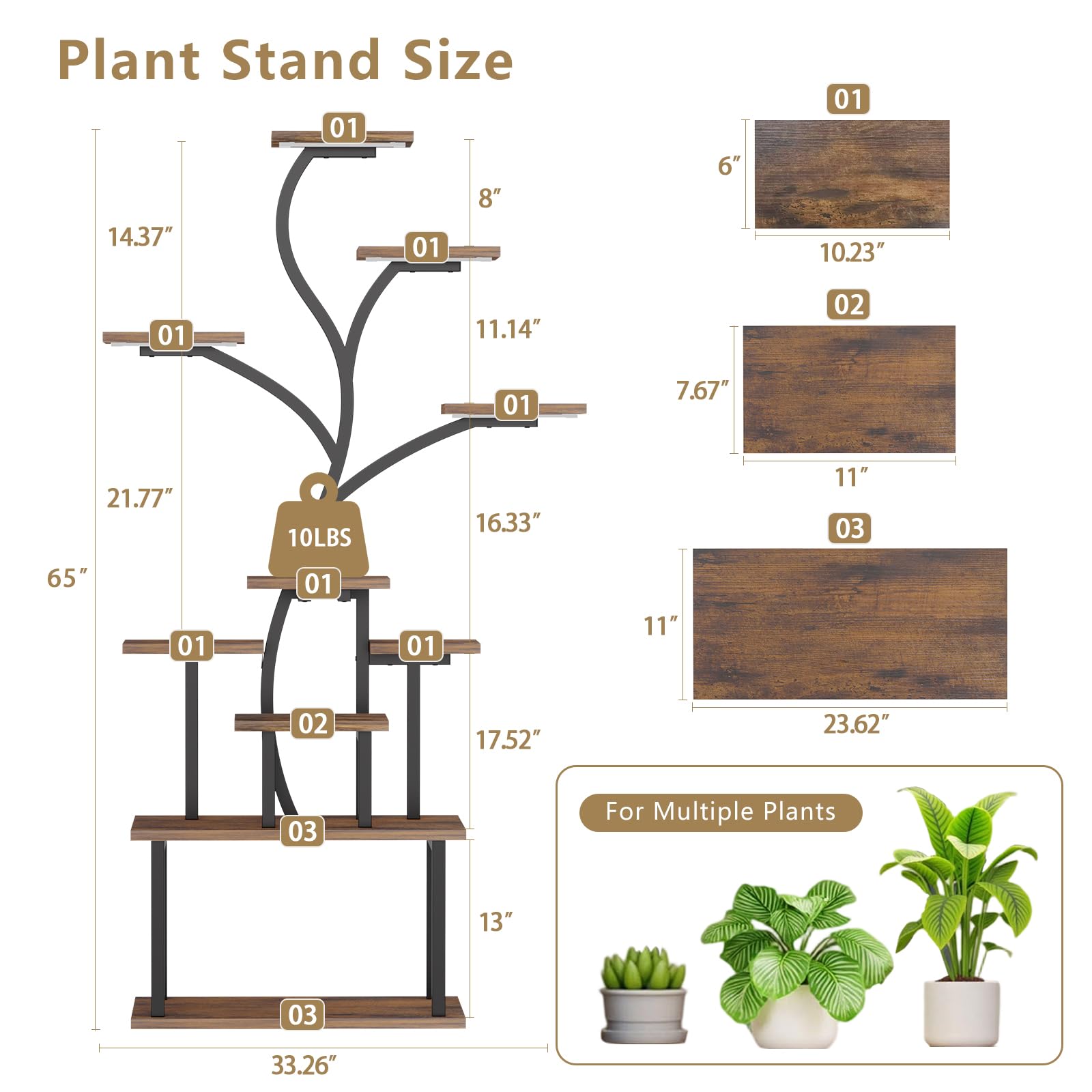 10 Tier Plant Stand with Grow Lights - 65 Inch