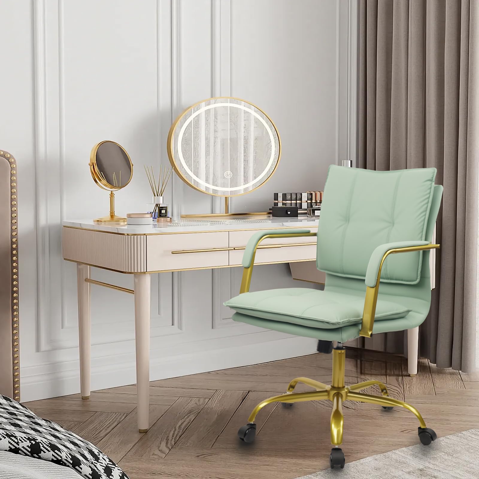 Leather Swivel Mid-Back Computer Chair with Golden Legs