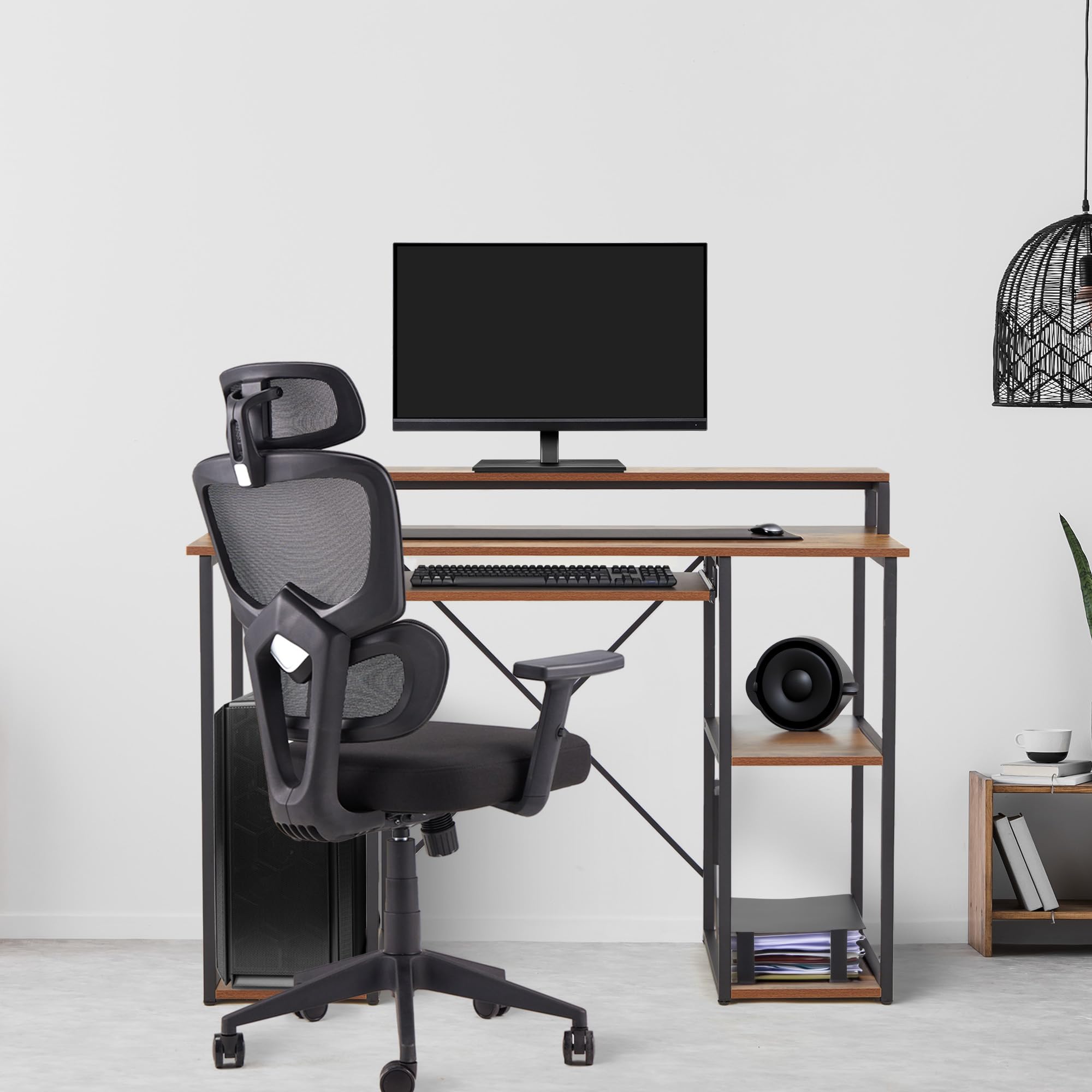 Computer Desk with Monitor Stand and Storage Shelves