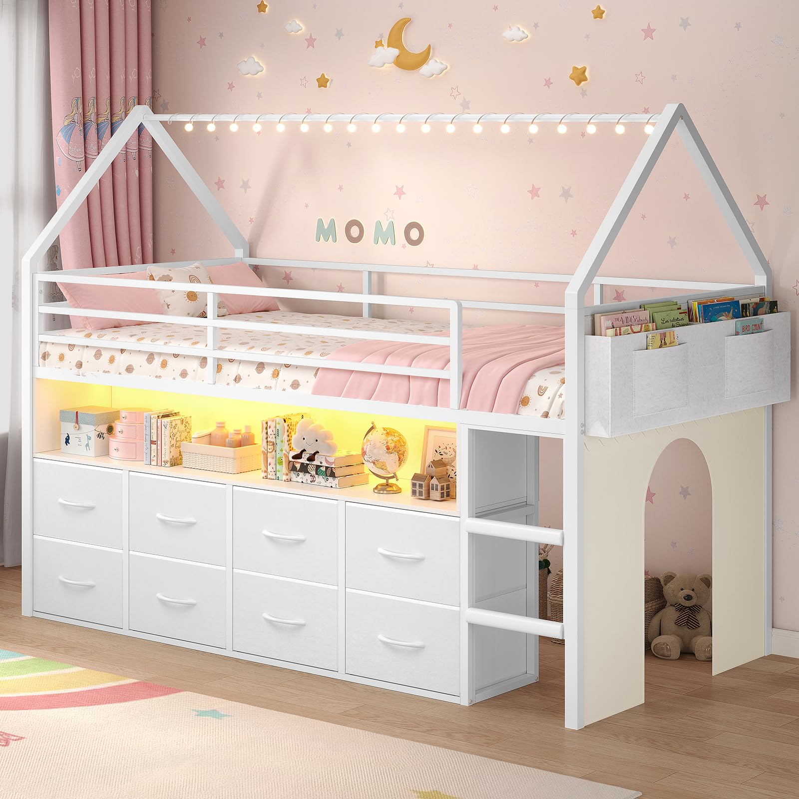 BTHFST Twin Size Loft Bed for Kids, 8 Storage Drawers & LED Lights, House Shaped Metal Bed with Bookcase, Soft Foam Ladder, 13.4" Safety Guardrail, Space Saving, Fun Curtain