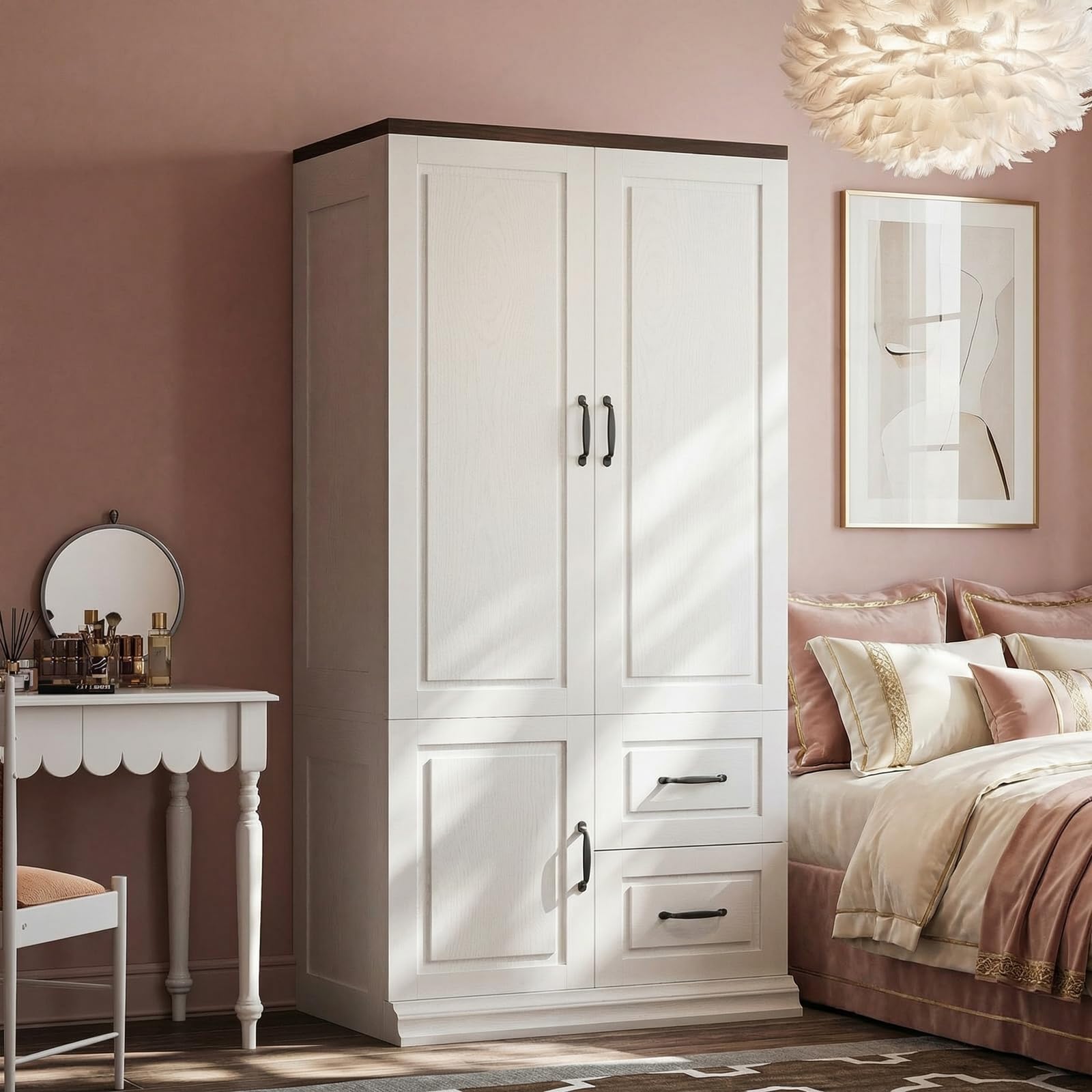 71.1" Tall Wooden Wardrobe Closet with Drawers and Hanging Rod