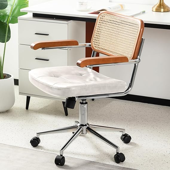 Rattan Office Chair with Wood Armrest