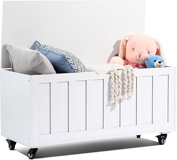 Storage Bench with Wheels and Safety Hinges