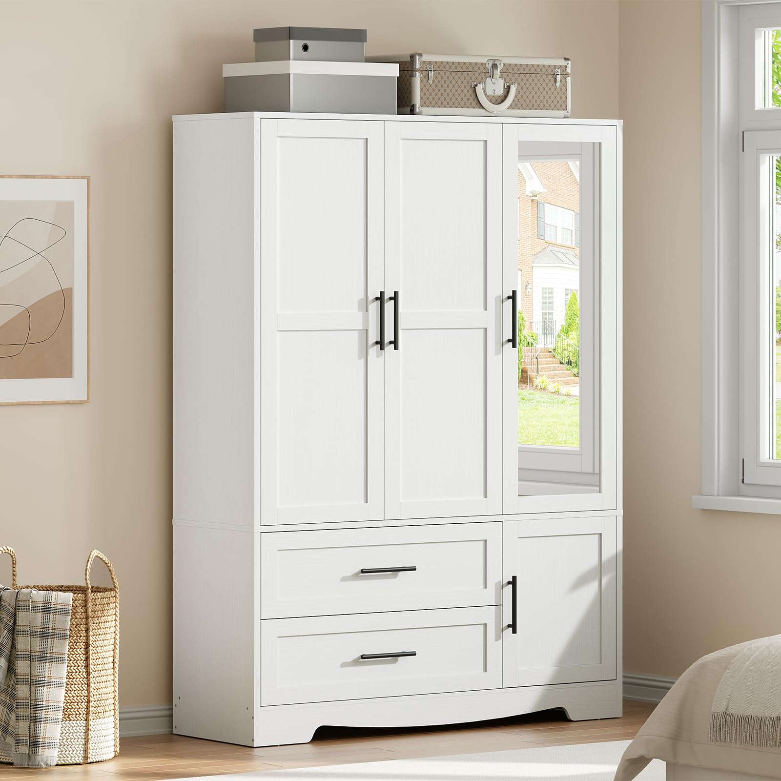 Armoire Wardrobe Closet with Mirror and Hanging Rod