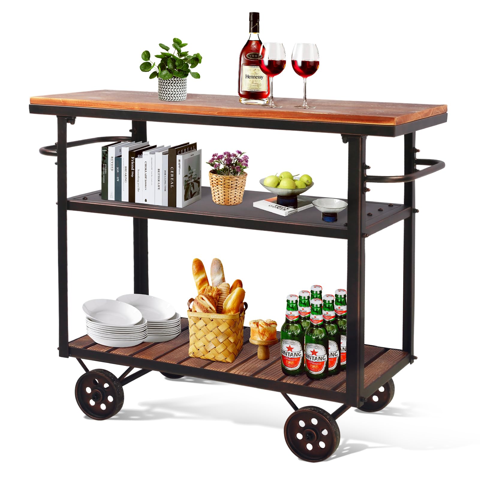 Industrial Bar Cart with Wheels - 3-Tier Metal Serving Cart