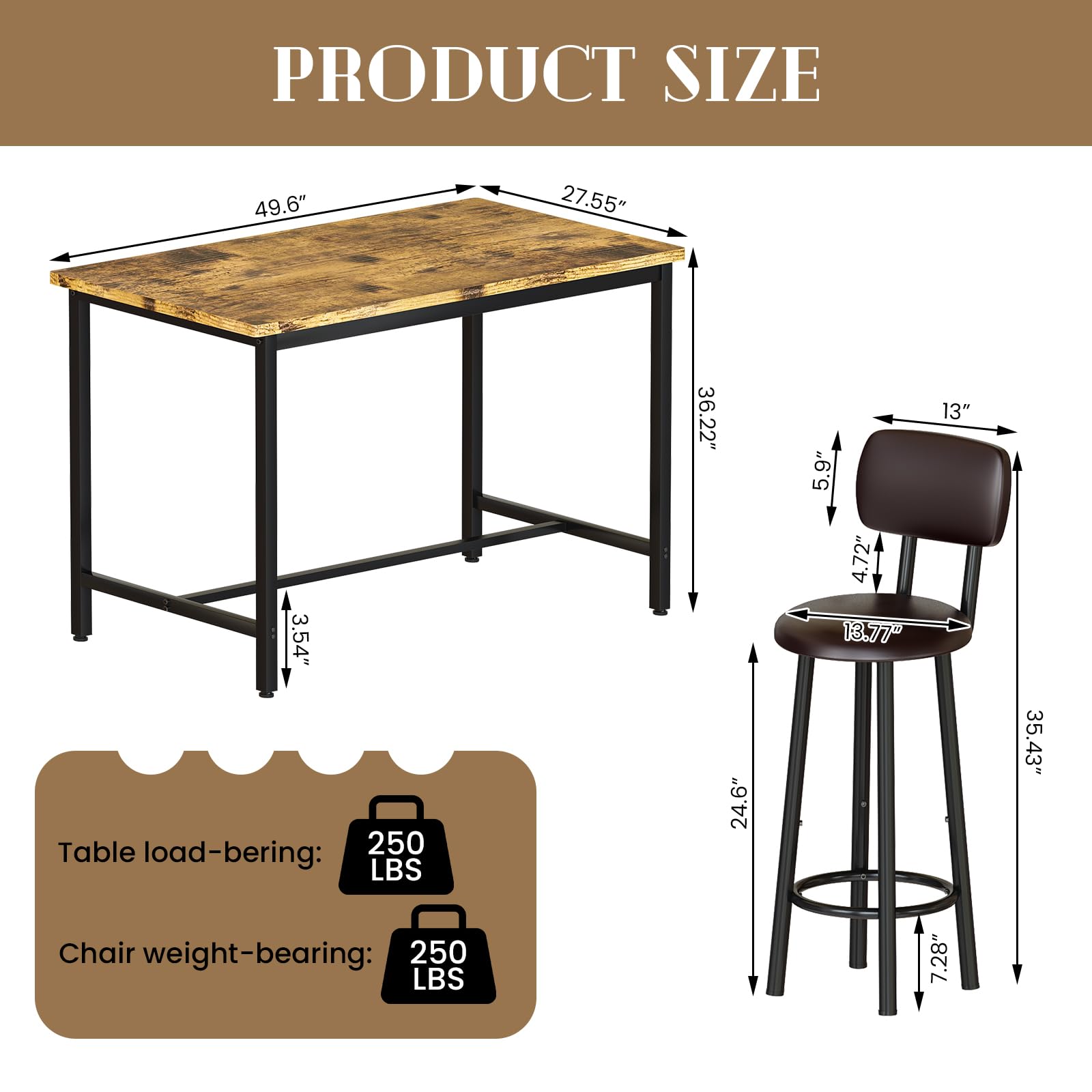 50" Counter Height Dining Table Set for 6 with Upholstered Stools