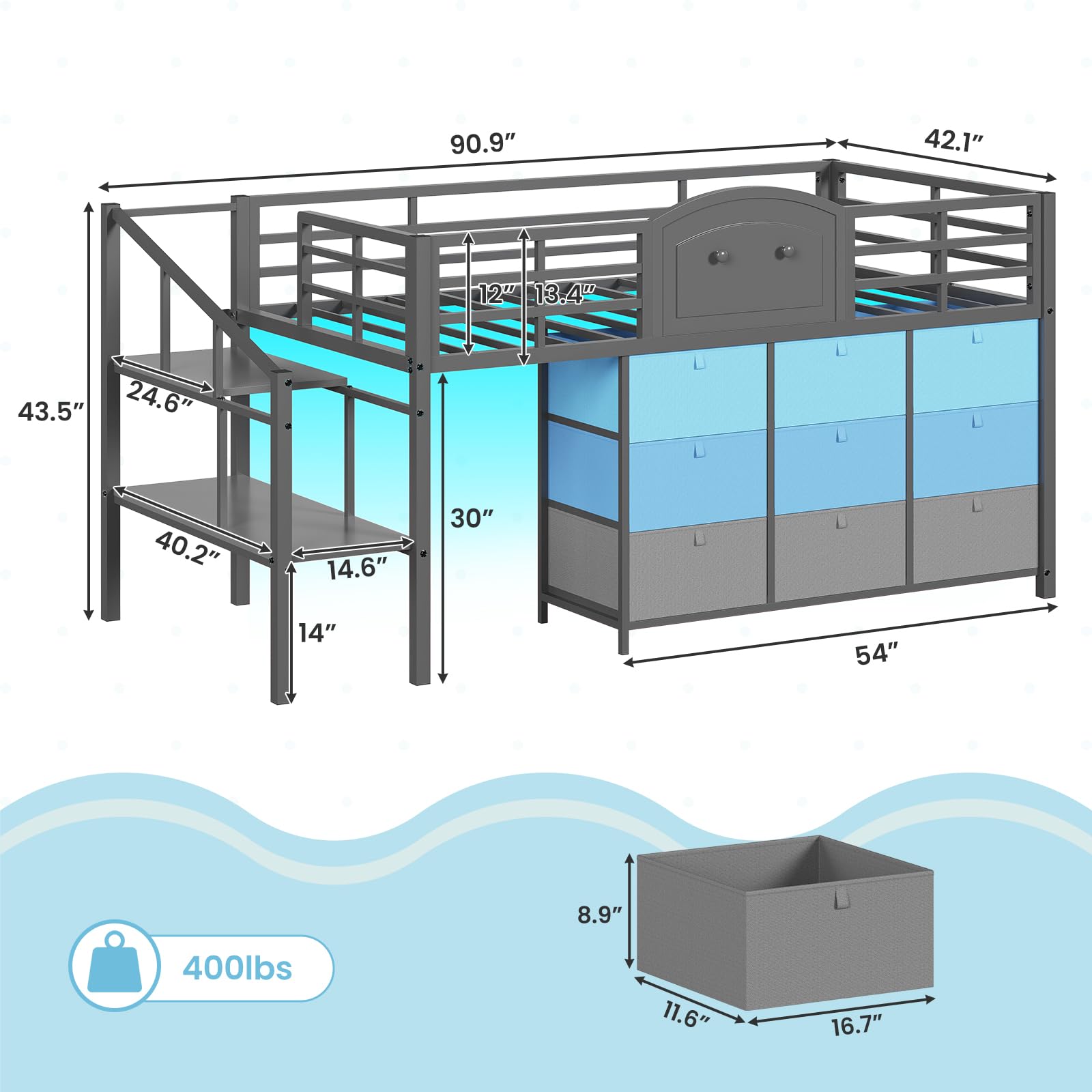 Low Loft Bed Twin Size with 9 Storage Drawers and LED Lights