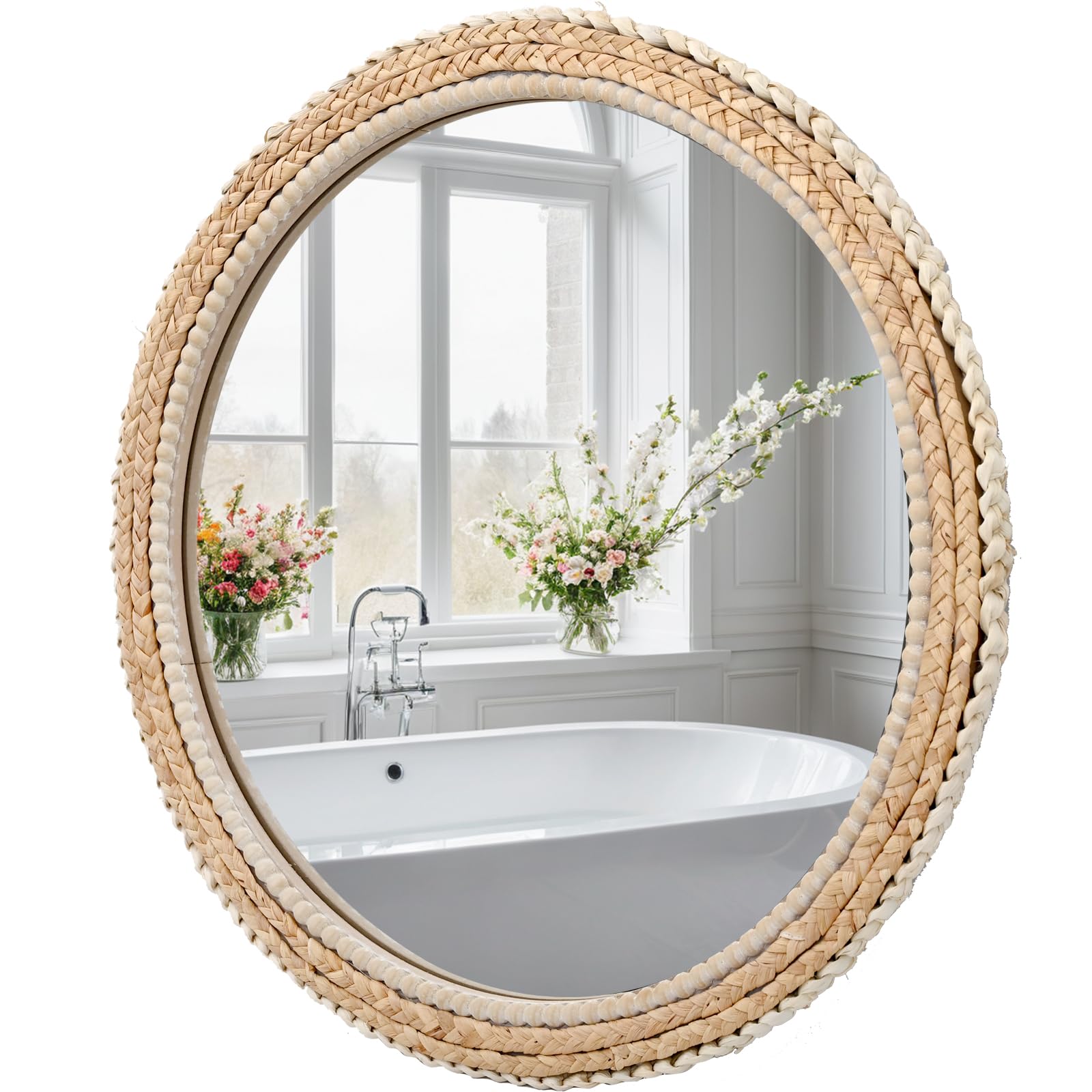 24" Rattan Wood Round Mirror